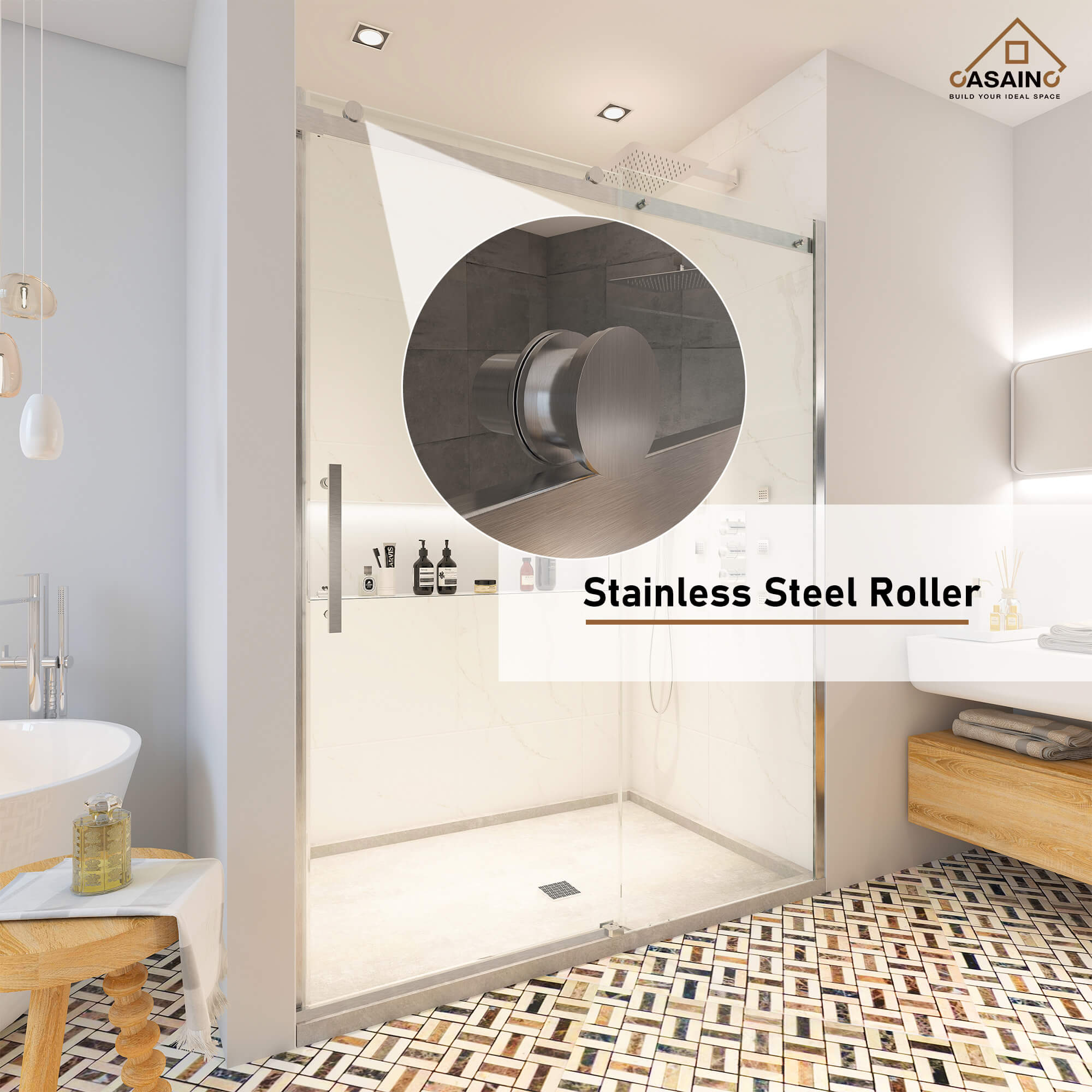 60"x76" Frameless Single Sliding Shower Door in Chrome/Brushed Nickel/