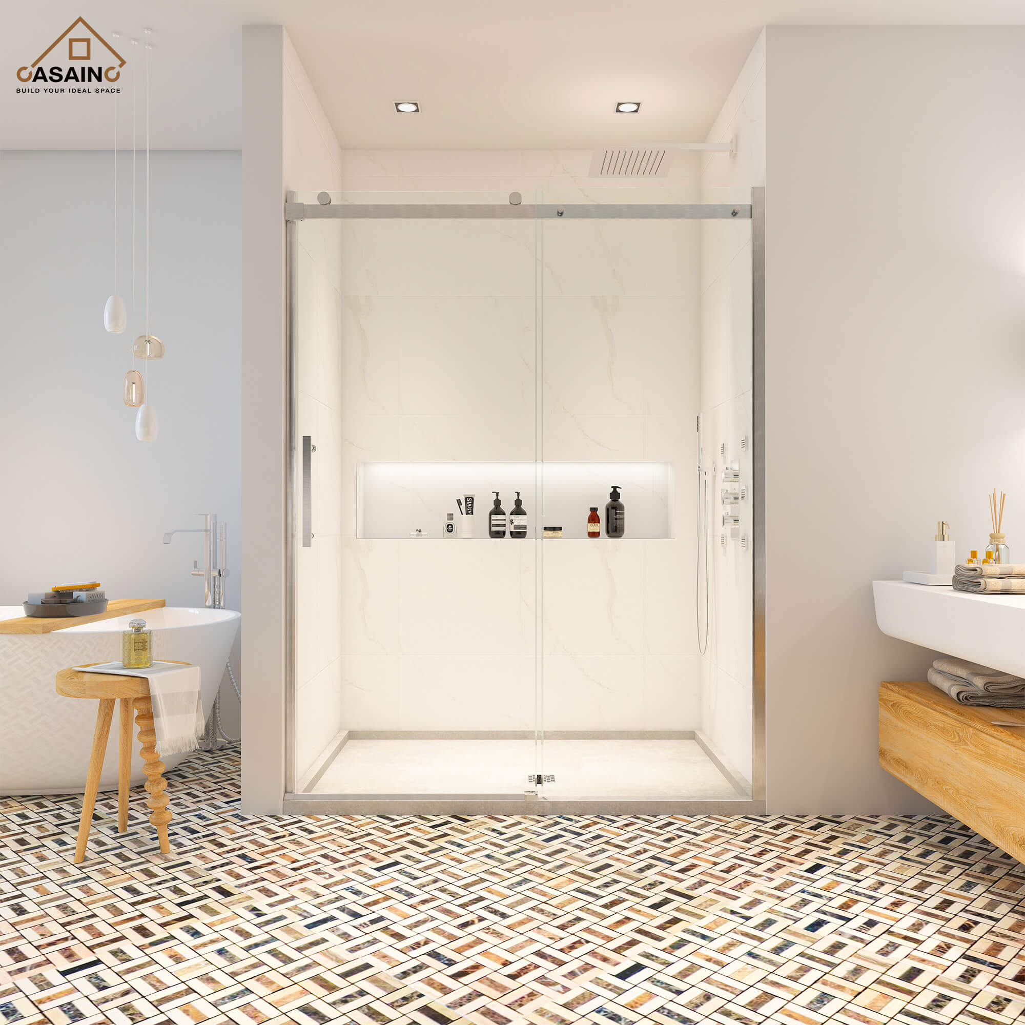 60"x76" Frameless Single Sliding Shower Door in Chrome/Brushed Nickel/