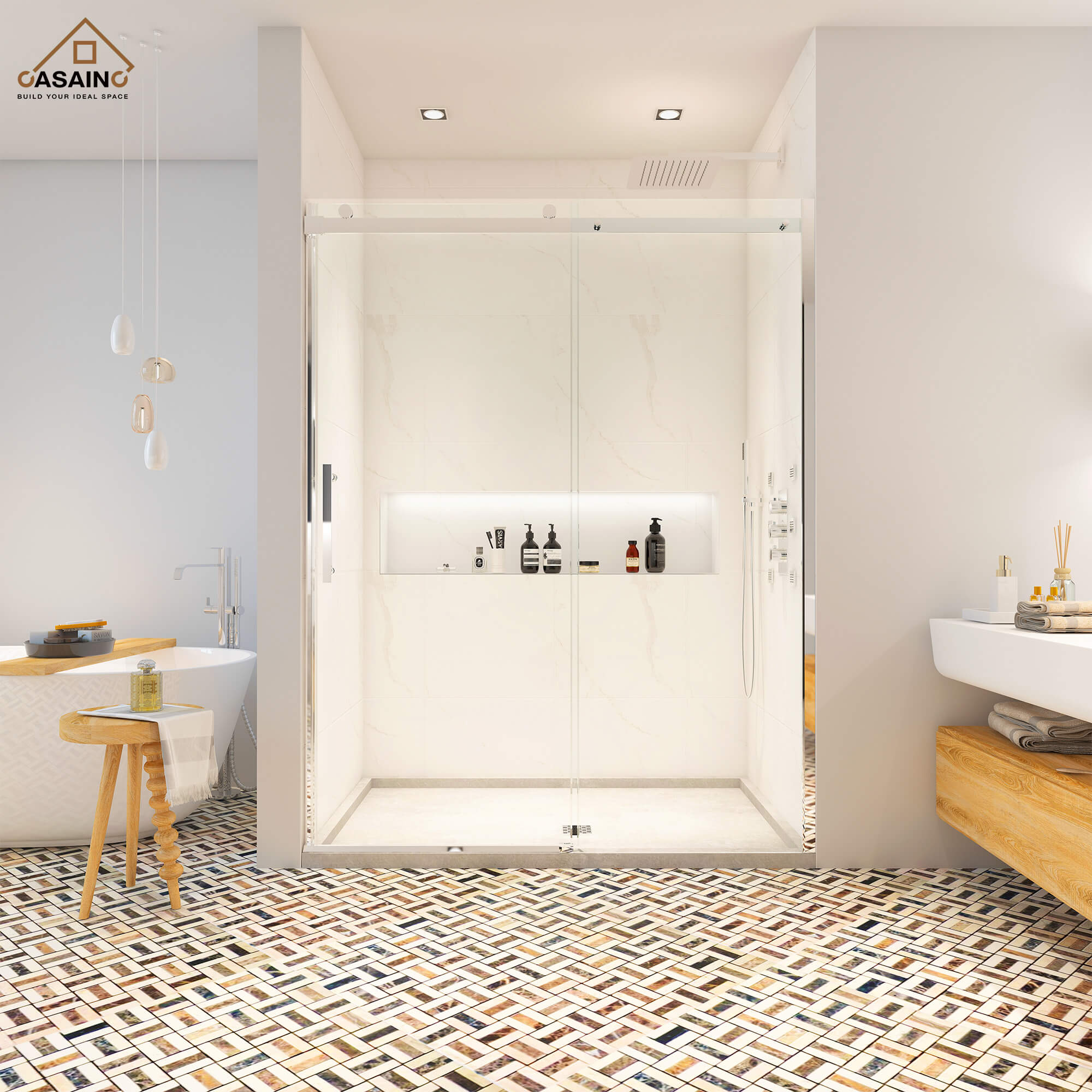 60"x76" Frameless Single Sliding Shower Door in Chrome/Brushed Nickel/