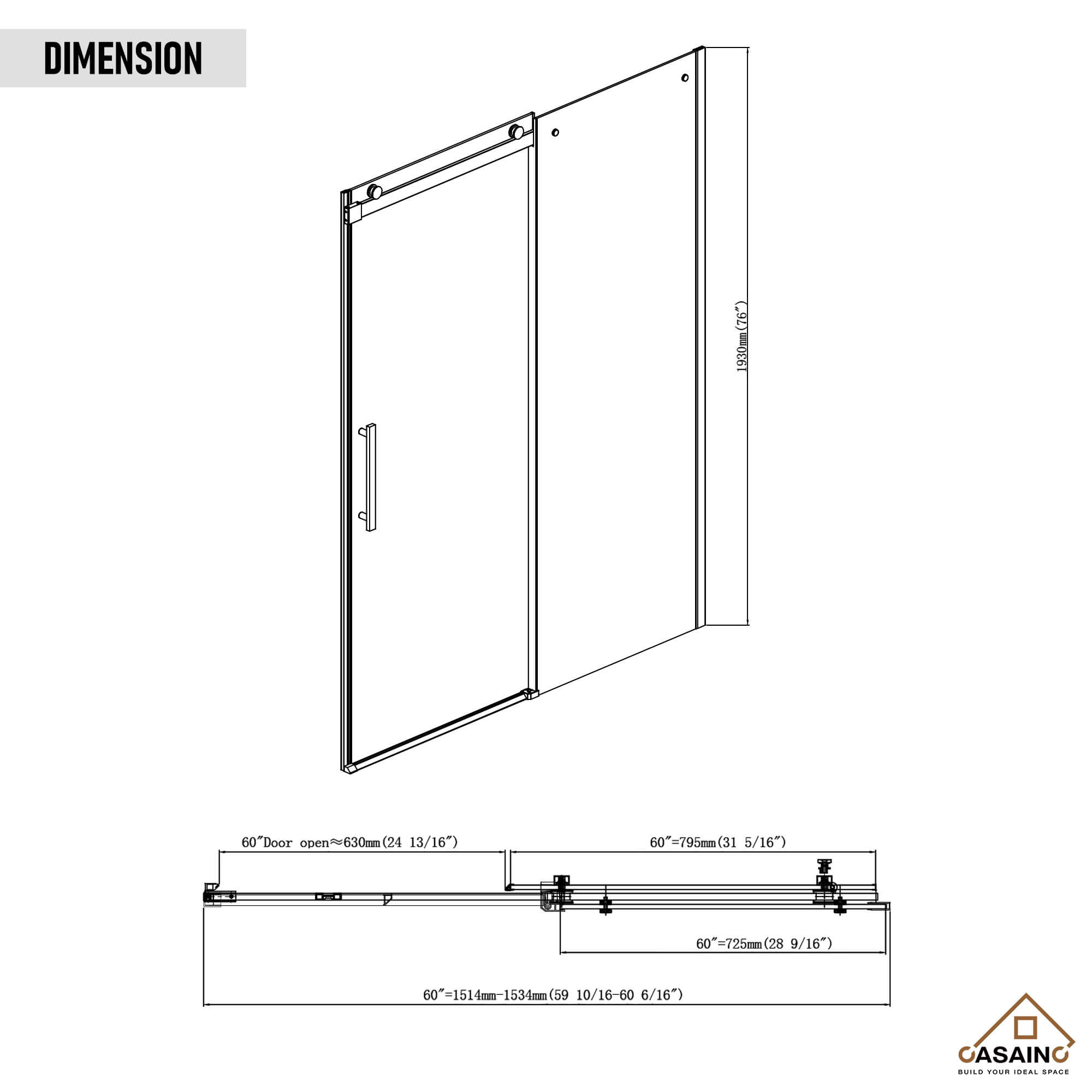 60"x76" Frameless Single Sliding Shower Door in Chrome/Brushed Nickel/