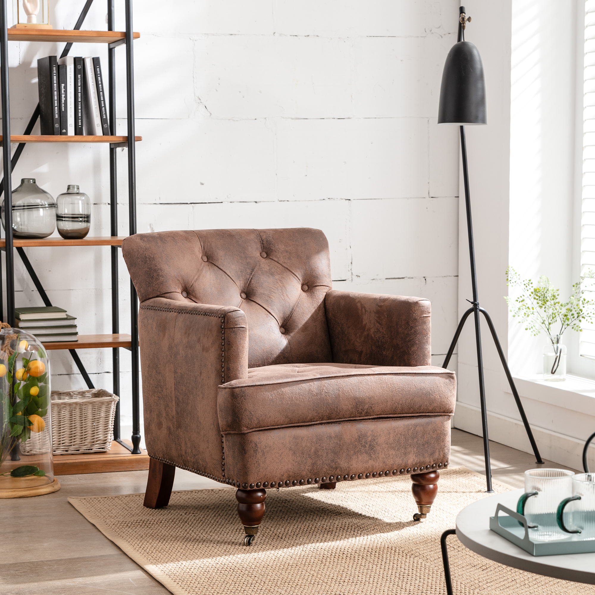 Hengming Living leisure Upholstered Fabric Club Chair, Antique Brown-CASAINC