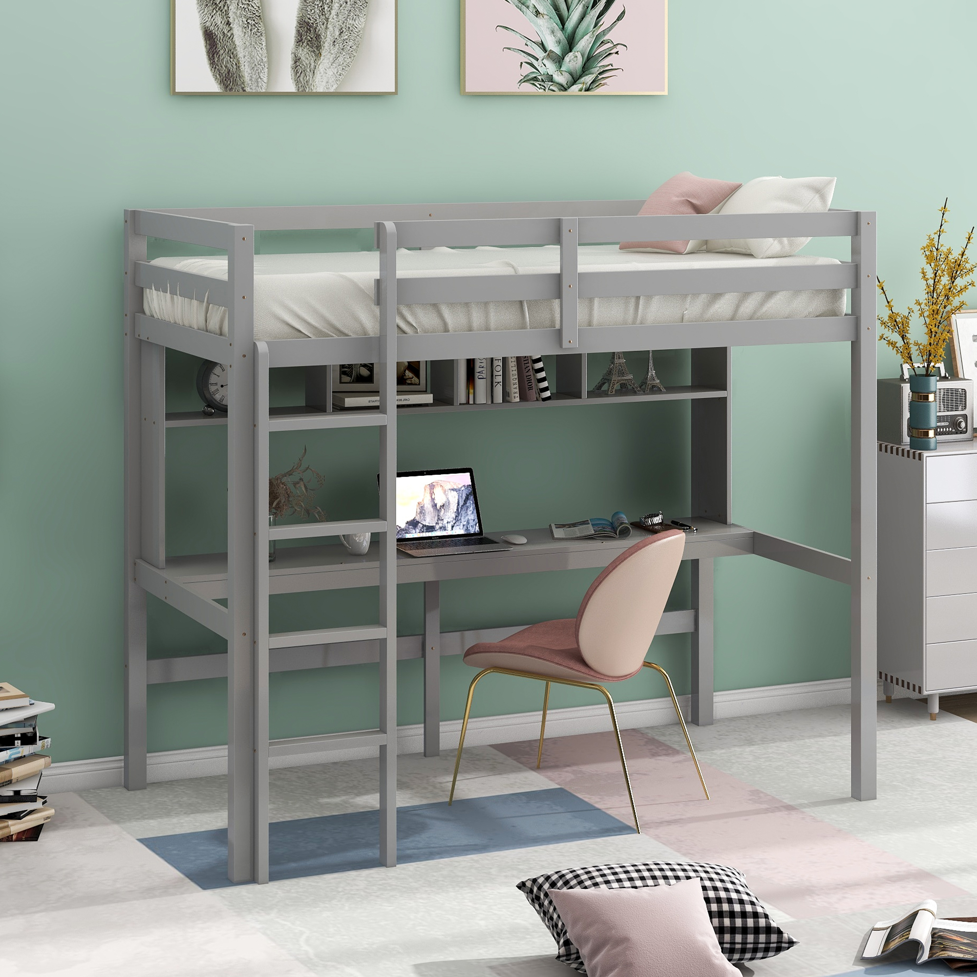 Twin Size Loft Bed with Convenient Desk, Shelves, and Ladder, White(Similar SKU:SM001302AAE)-CASAINC