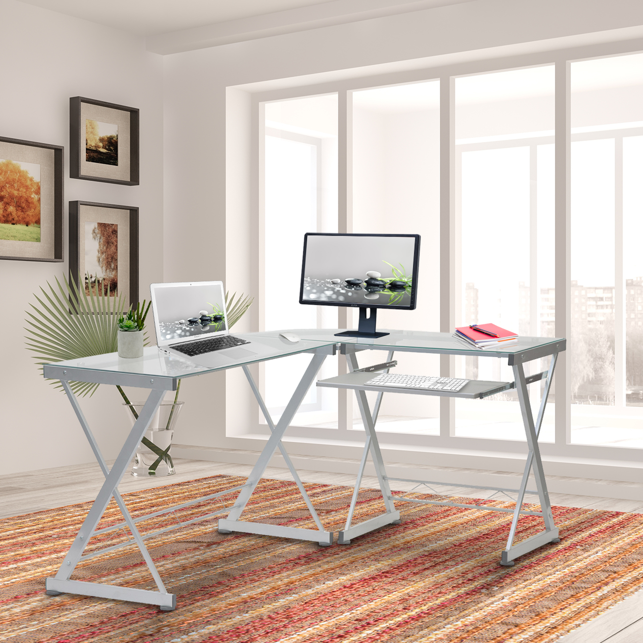 Techni Mobili L-Shaped Tempered Glass Top Computer Desk with Pull Out Keyboard Panel, Clear-CASAINC