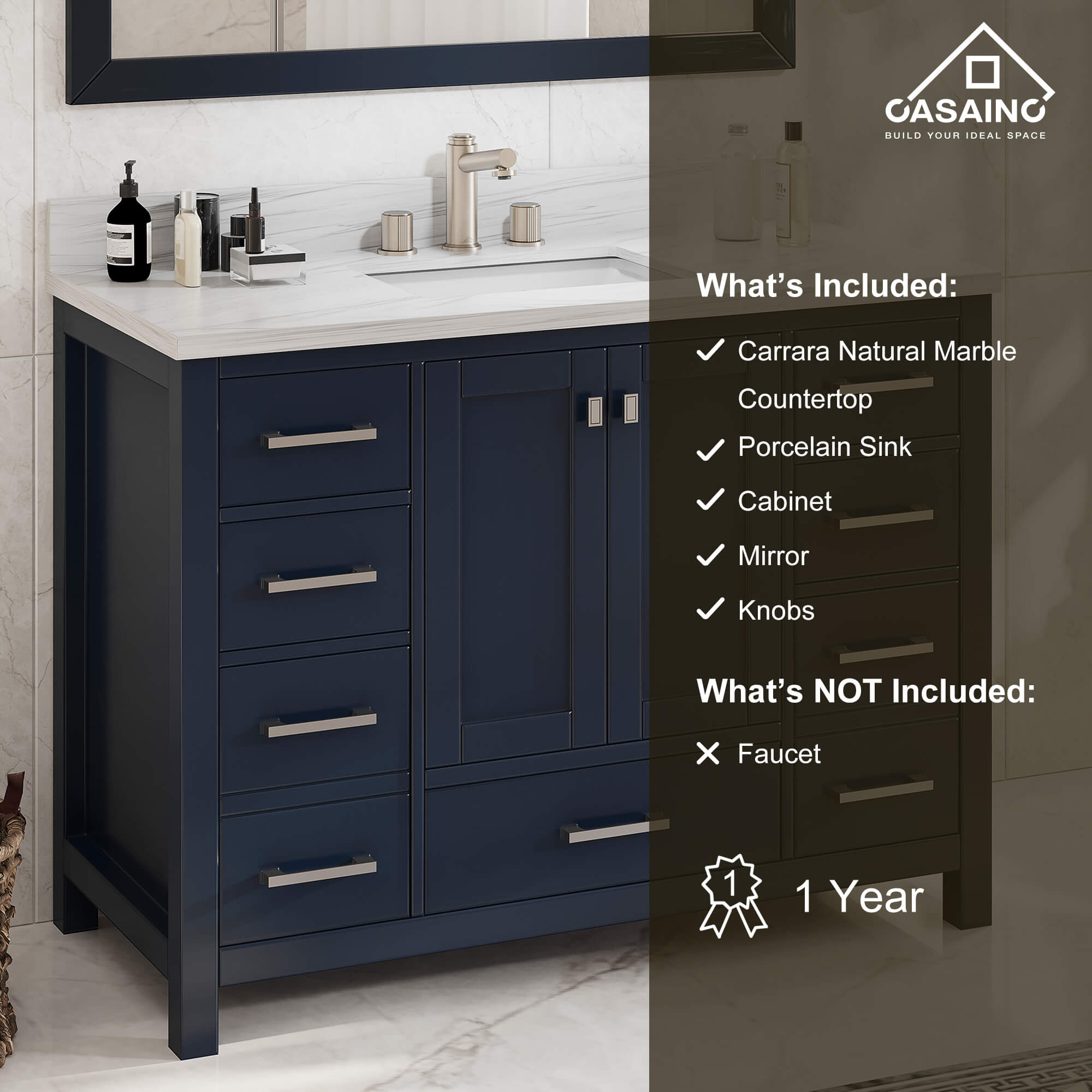 CASAINC 48 x 22 x 35.4 in. Solid Wood Navy Blue Bath Vanity with Carrara White Marble Countertop (No/With Mirror)