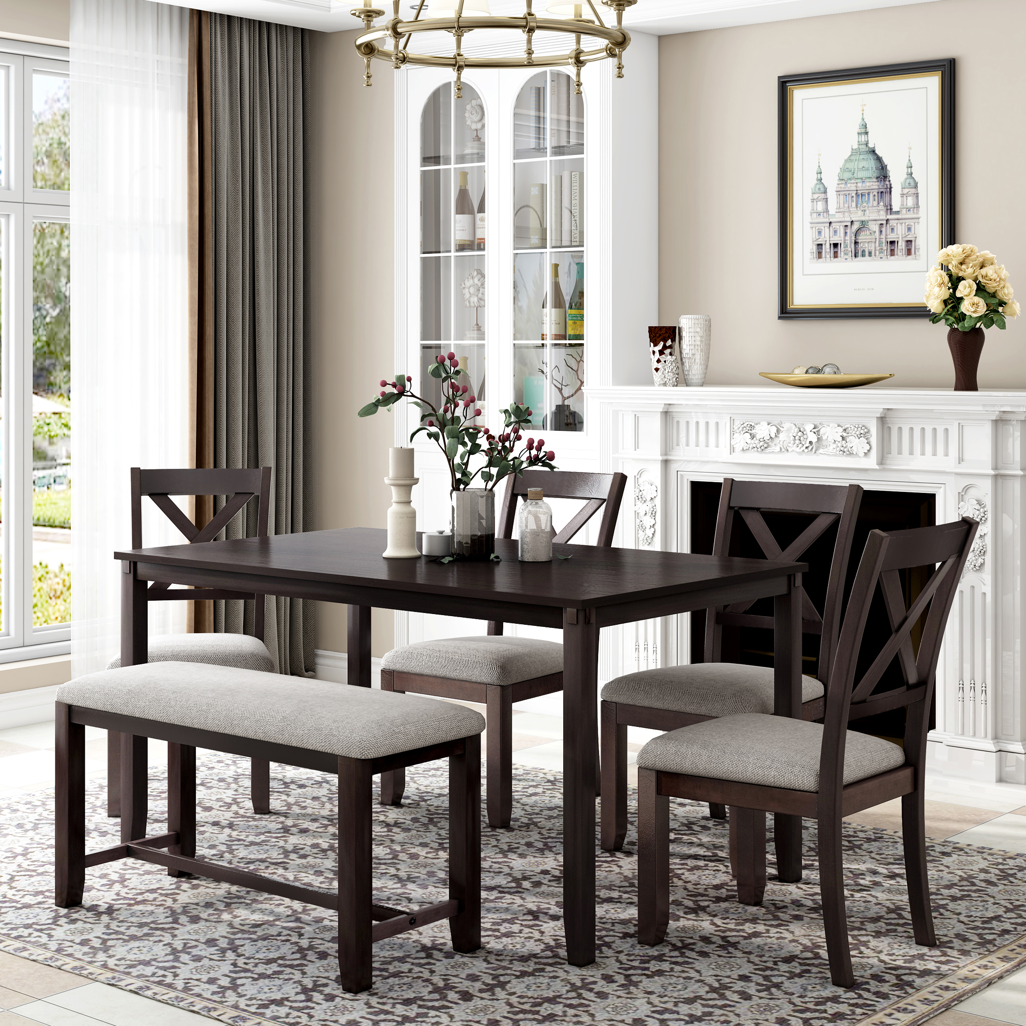 TREXM 6-Piece Kitchen Dining Table Set Wooden Rectangular Dining Table, 4 Dining Chair and Bench Family Furniture (Espresso)-CASAINC