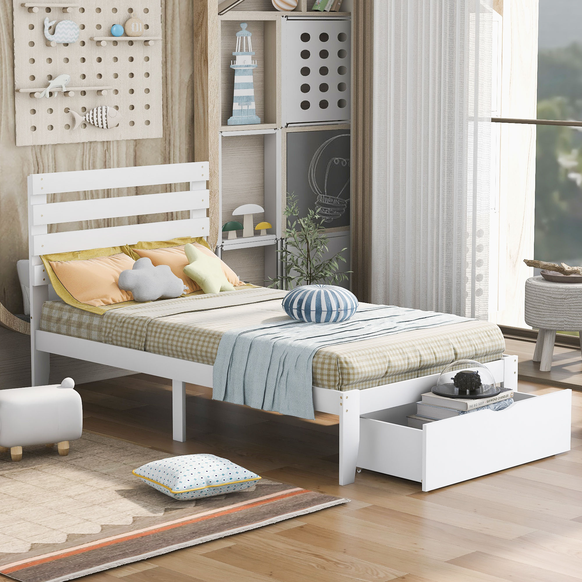 Twin Size Platform Bed with Drawer, White(OLD SKU:WF197751AAK)-CASAINC