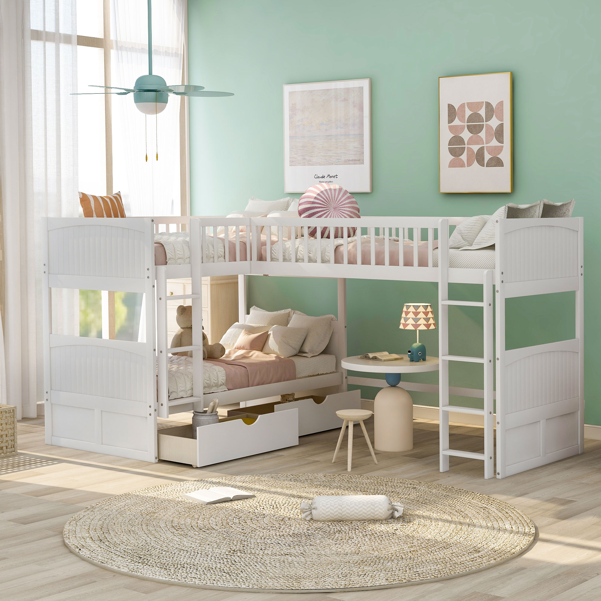 Twin Size Bunk Bed with a Loft Bed attached, with Two Drawers,White-CASAINC