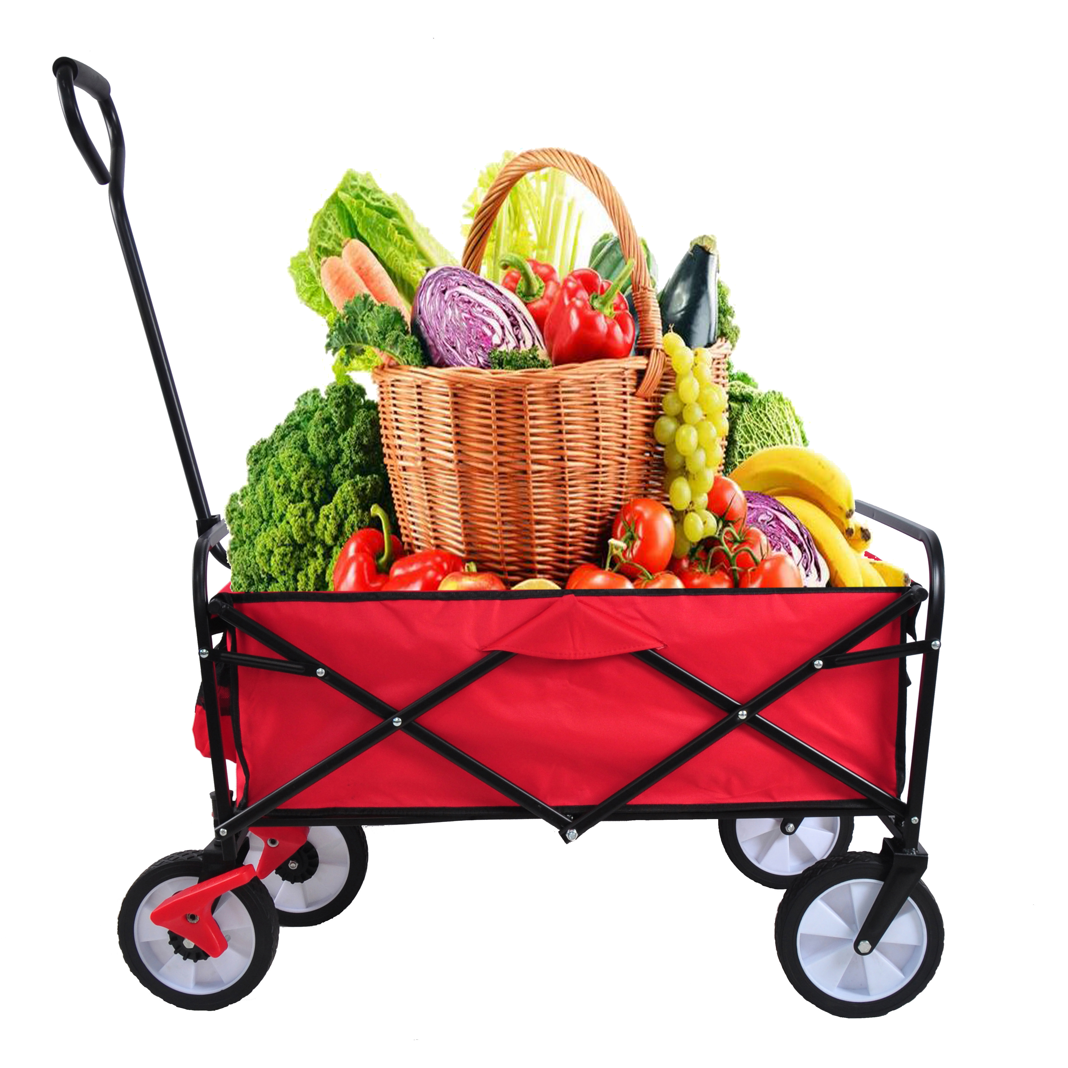 Folding Wagon Garden Shopping Beach Cart (Red)-CASAINC