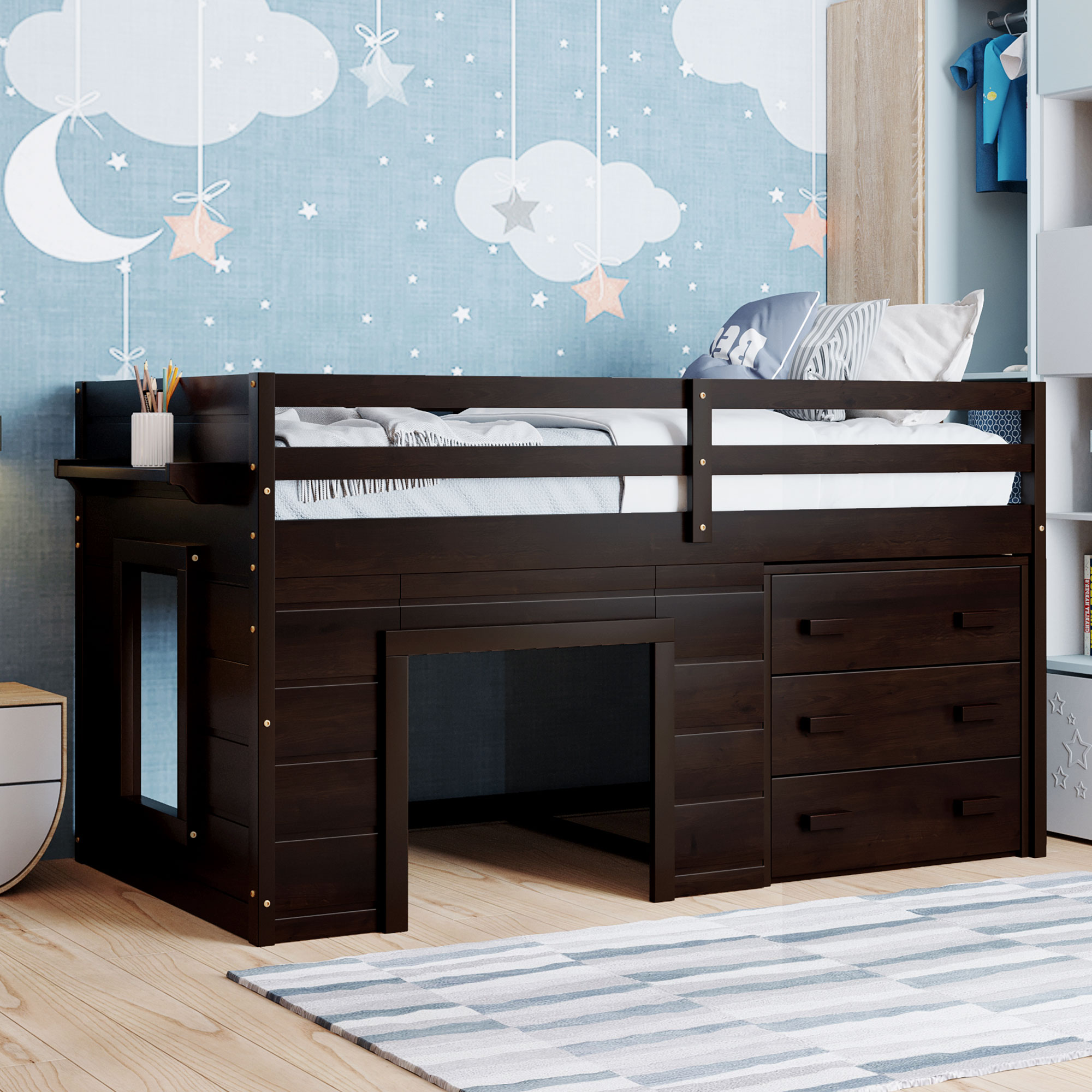 Twin Size Loft Bed with Cabinet and Shelf Espresso