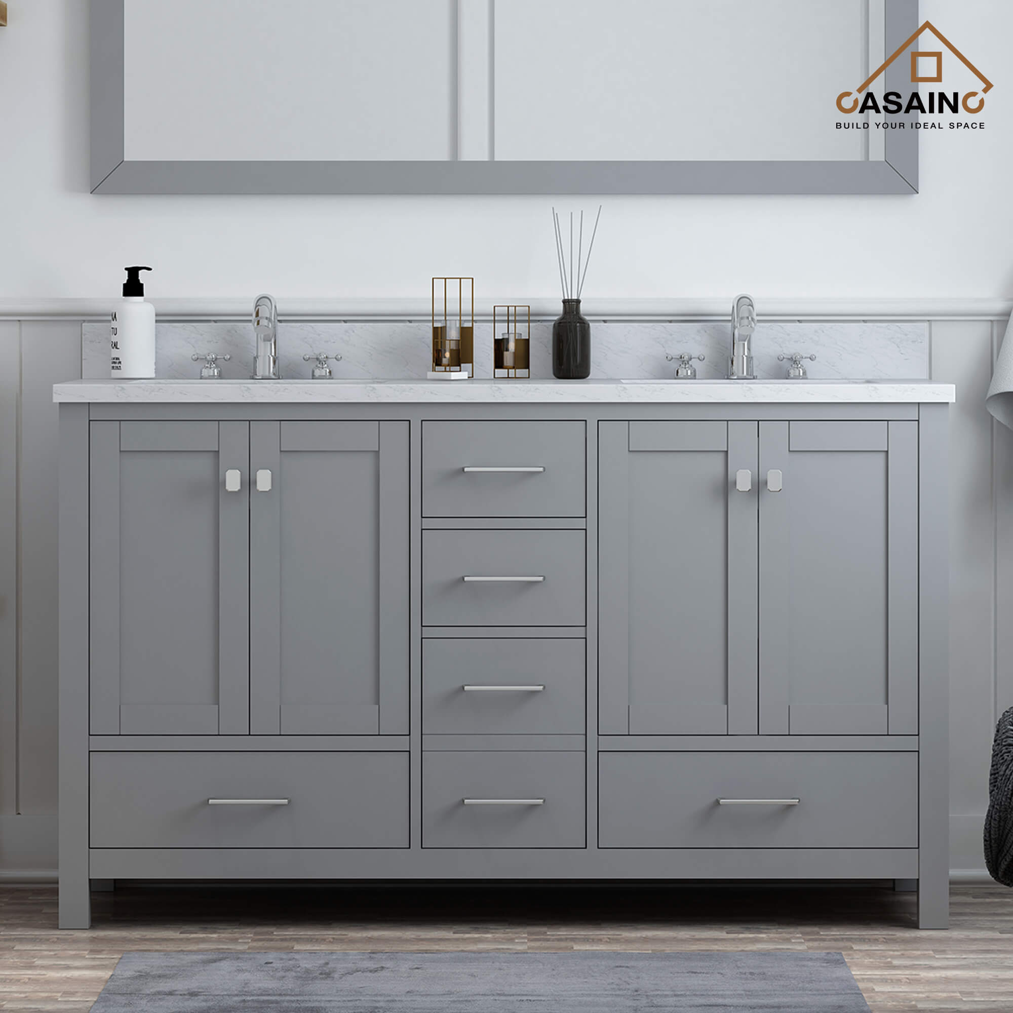 CASAINC 60 x 22 x 35.4 in. Solid Wood Bath Vanity with Carrara White Marble Countertop in Gray/White (No/With Mirror)