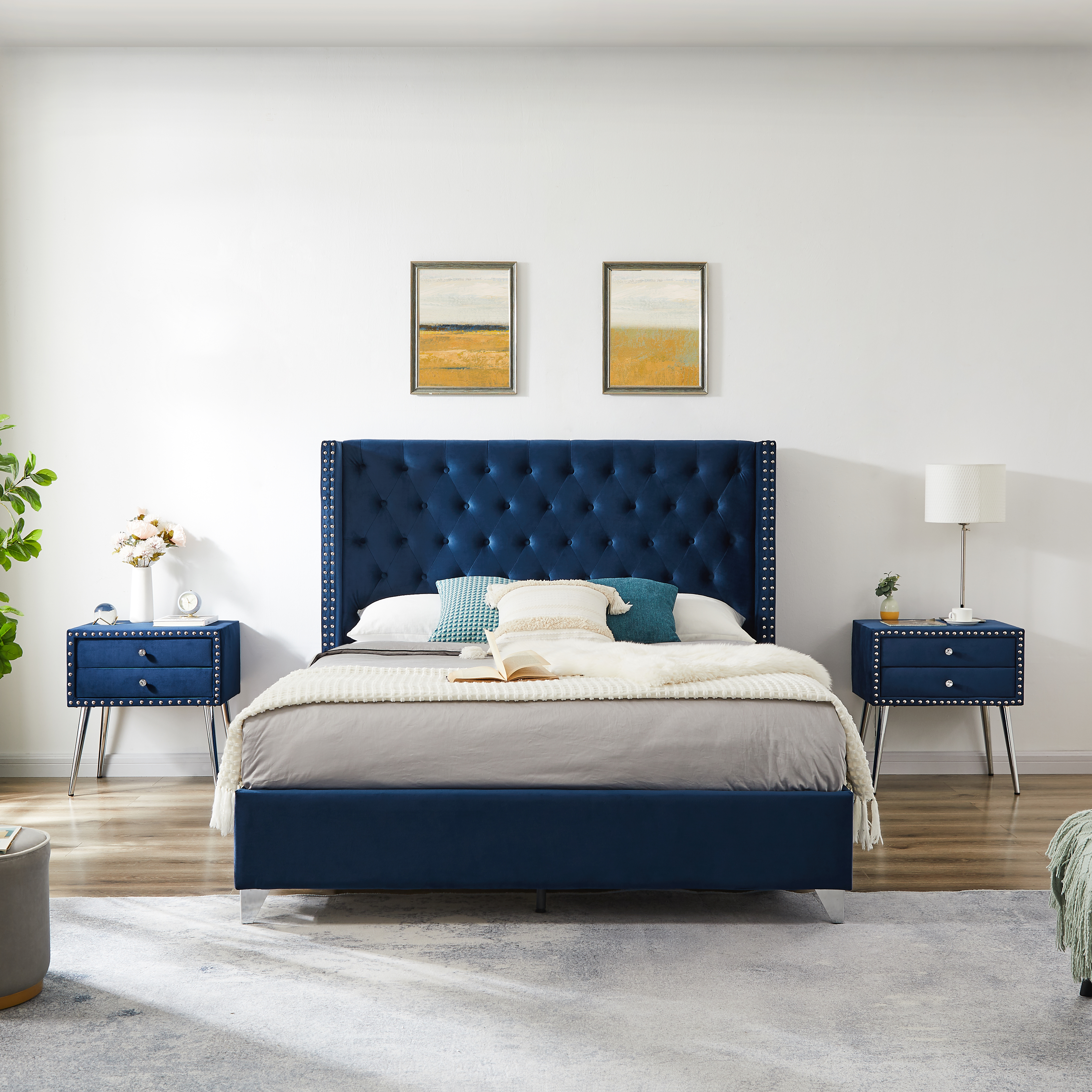 B109 Soft mattress with copper nail headboard, Queen bed, strong wooden slats + metal support feet, Dark Blue Flannelette-CASAINC