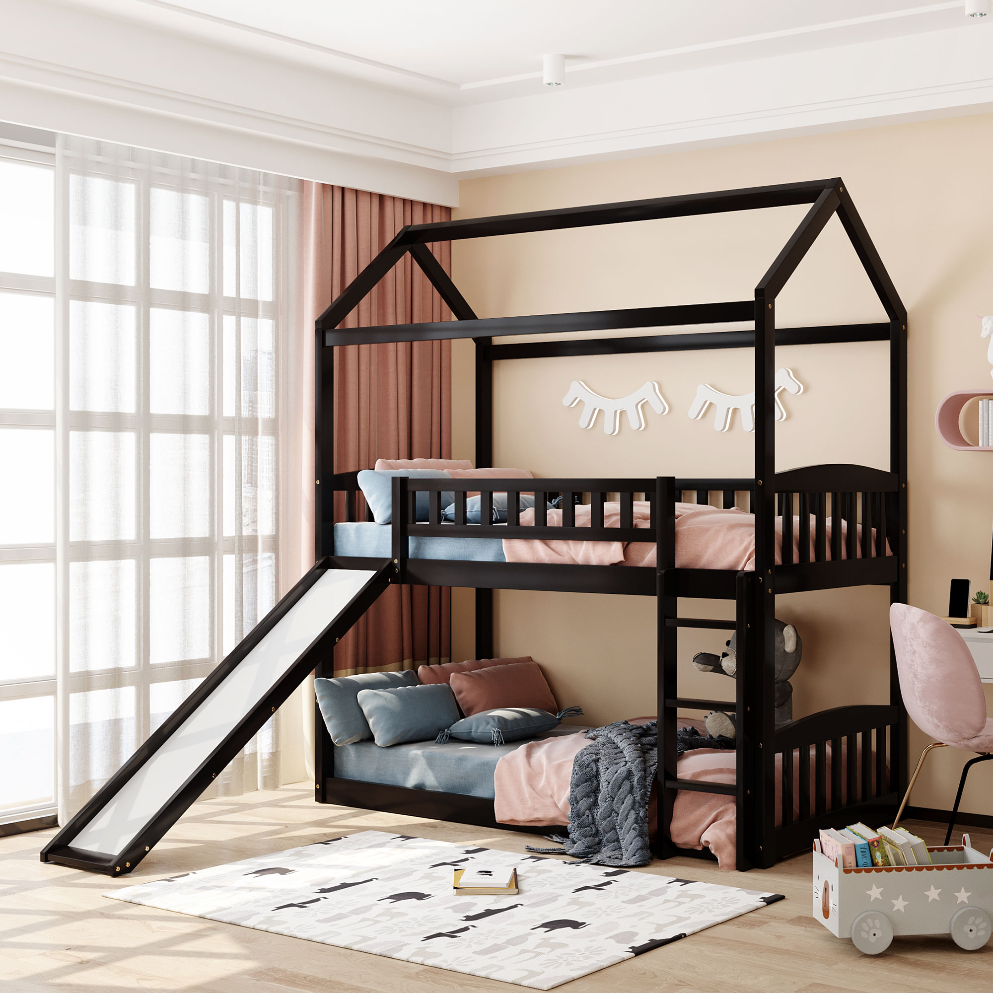 Twin Over Twin Bunk Bed with Slide, House Bed with Slide, Espresso(OLD SKU: LP000213AAP)-CASAINC