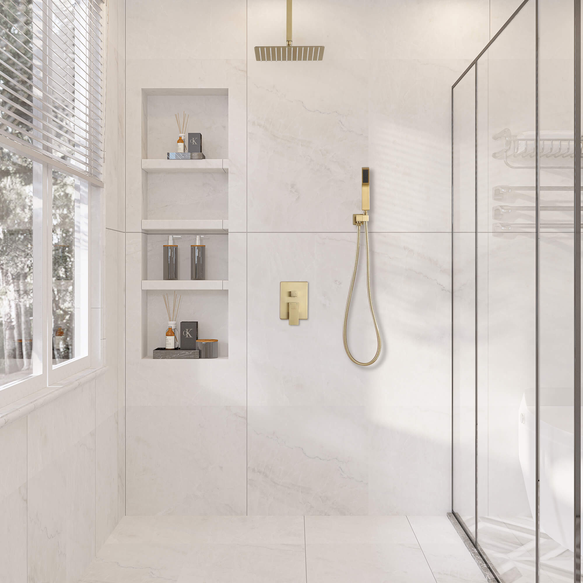 Casainc 2-Function Wall-Mounted/Ceiling-Mounted Shower System with Handheld Shower in Brushed Gold