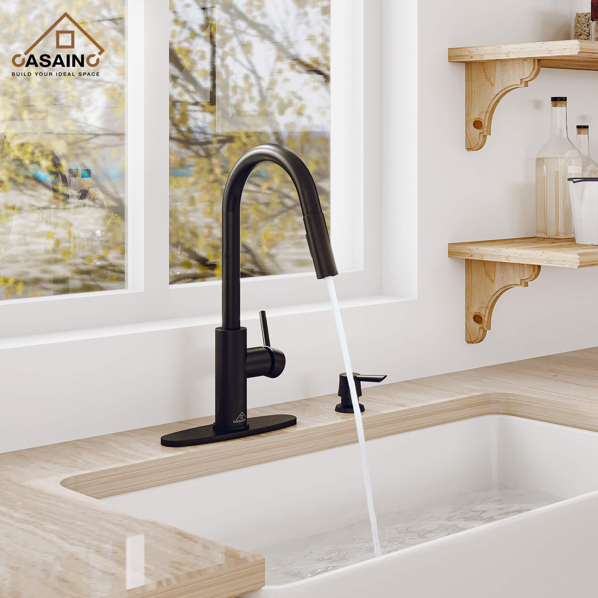 CASAINC Infrared Induction touchless pull down single handle Kitchen Faucet With LED Function in Matte Black/1.8gpm, soap dispenser contain-CASAINC