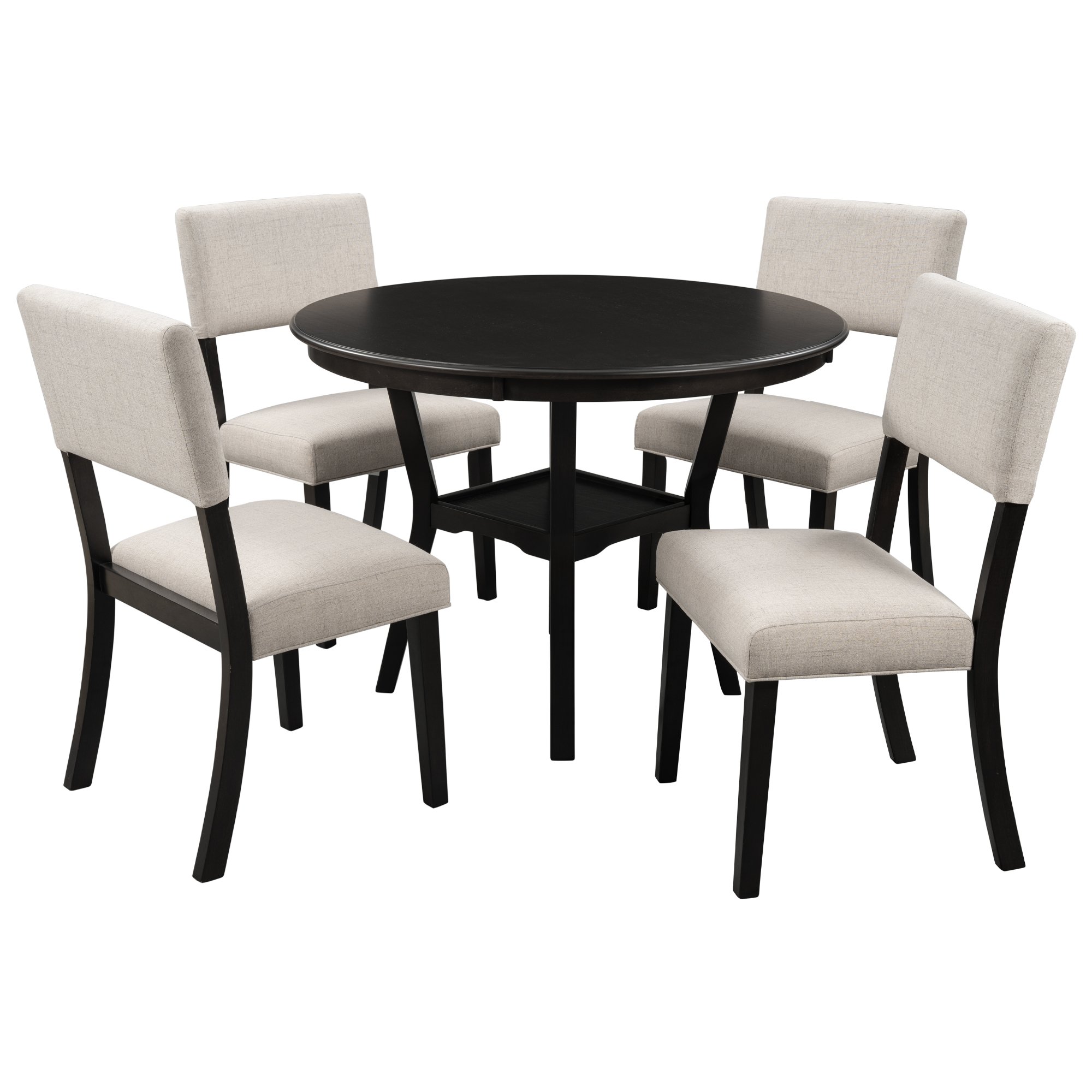 5-Piece Kitchen Dining Table Set Round Table with Bottom Shelf, 4 Upholstered Chairs for Dining Room（Espresso）-CASAINC