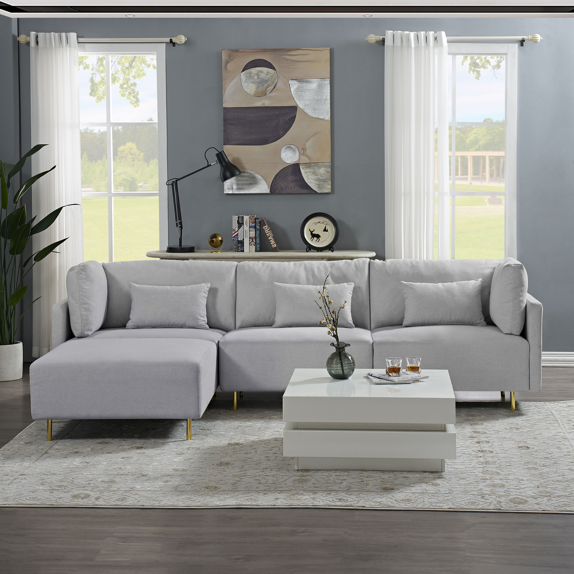 Modern Luxury Sectional Sofa Couch Quality Upholstery L Shape Sofa Golden Metal Leg with Convertible Ottoman Chaise Grey-CASAINC