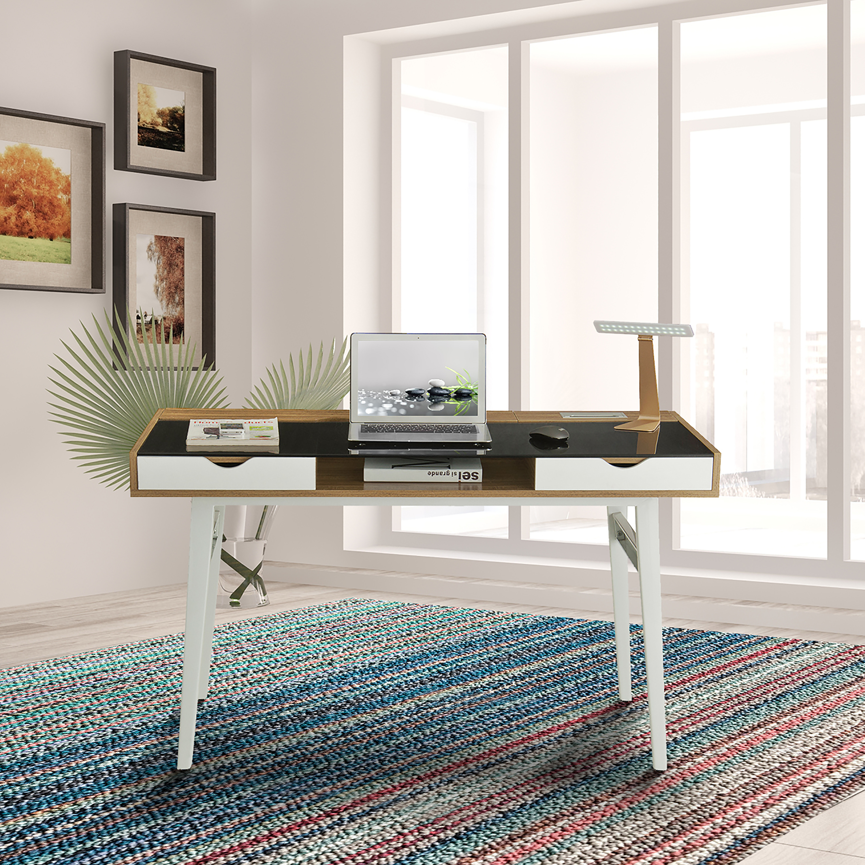 Techni Mobili Compact Computer Desk with Multiple Storage, Walnut-CASAINC