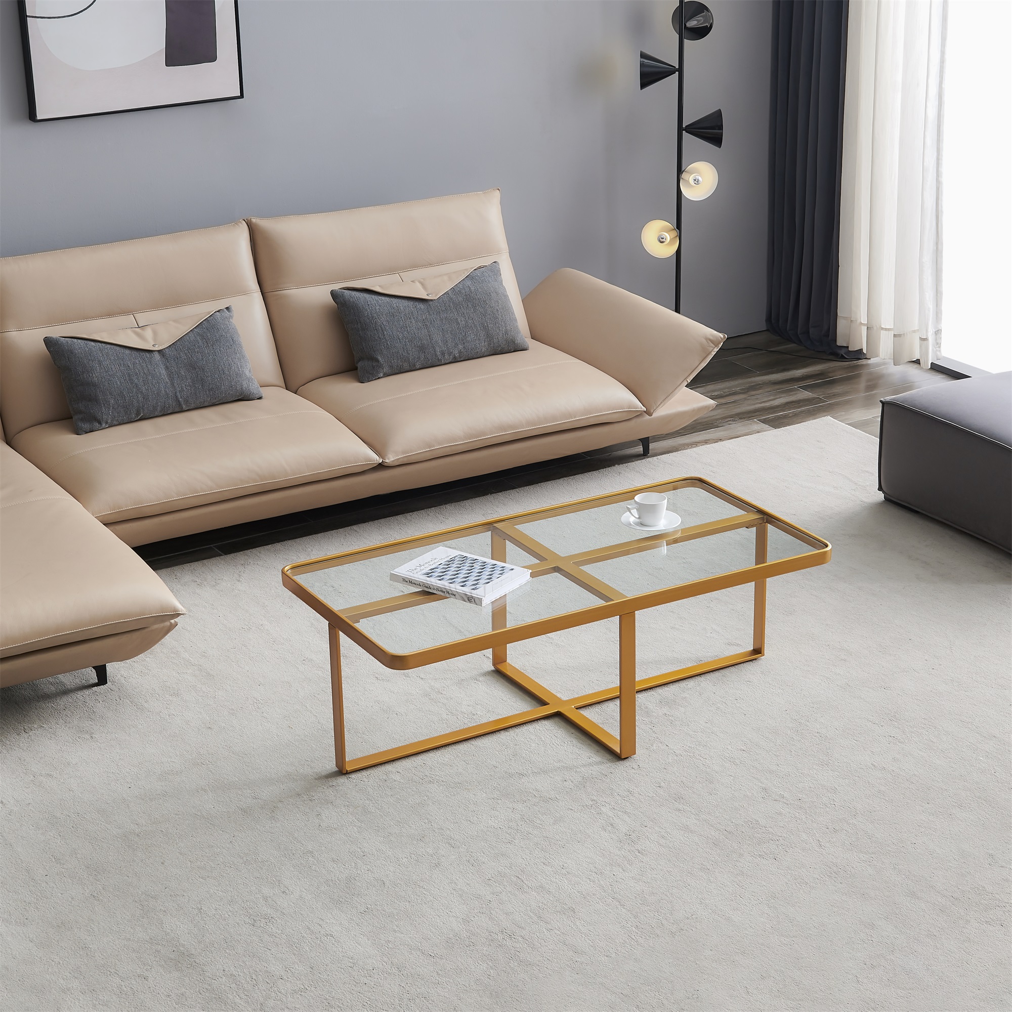 Minimalism rectangle coffee table,Golden metal frame with tempered glass tabletop-CASAINC
