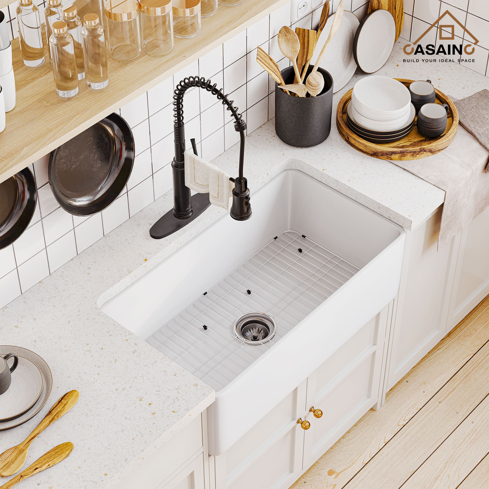 Fireclay 33 in. Single Bowl Farmhouse Apron Kitchen Sink with Bottom Grid and Strainers With cUPC Certified, in White Glossy/Matte Black