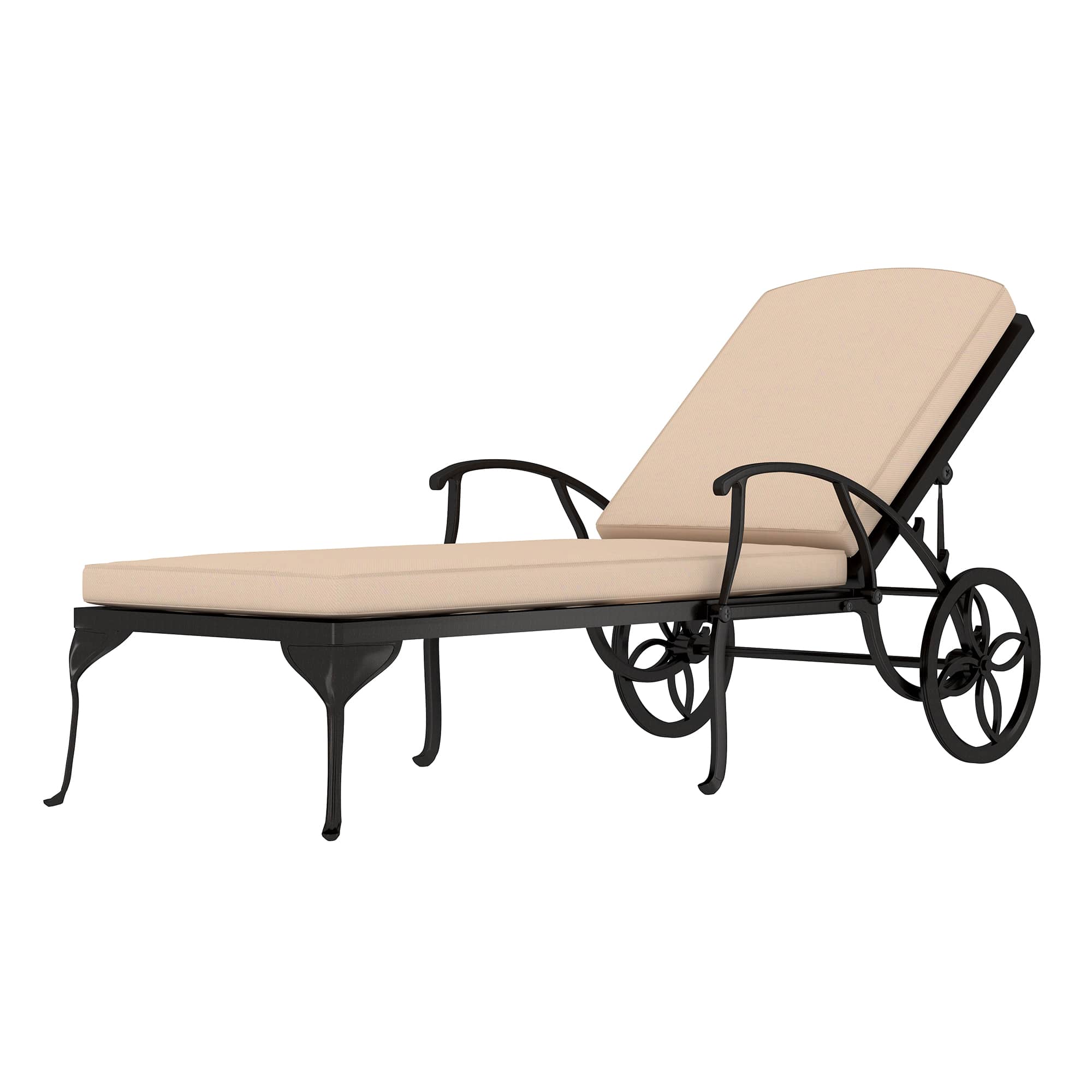 Antique Bronze Aluminum Reclining Outdoor Chaise Lounge with Wheels and Cushions in Red