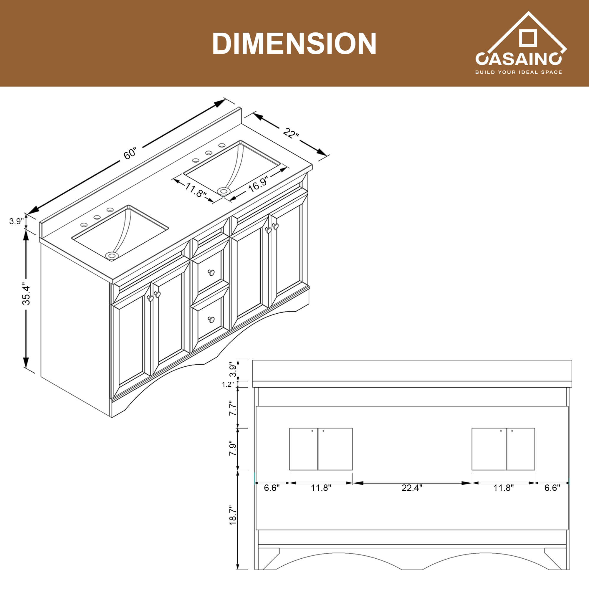 CASAINC 60 x 22 x 35.4 in. Solid Wood Bath Vanity with Marble Top and Backsplash in Gray/White (No/With Mirror)