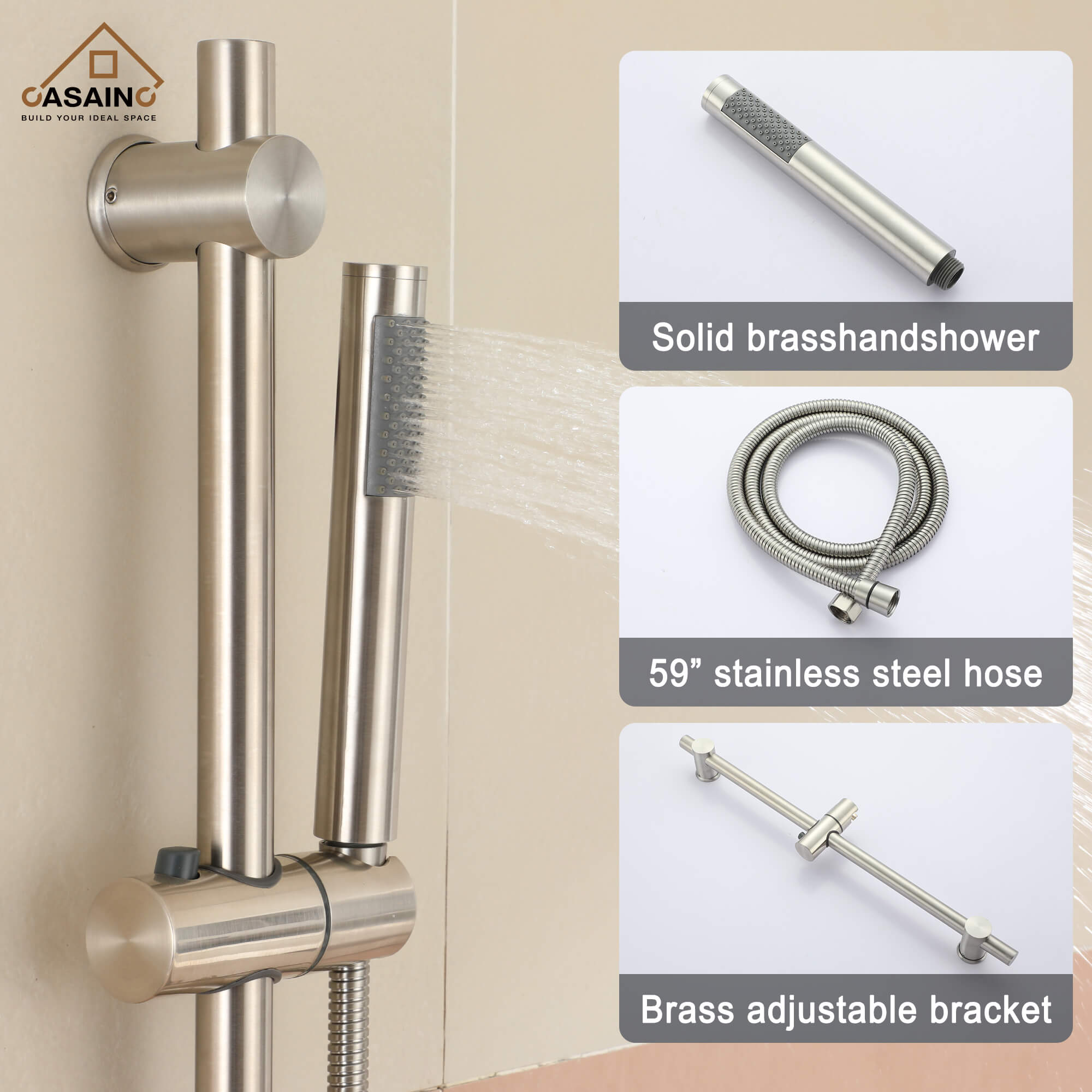 CASAINC 8" Multifunctional Shower System with Sliding Bar & Handheld Shower & 4 Body Sprays 