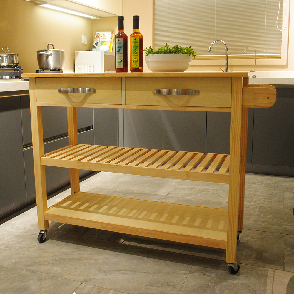 Kitchen Island  Kitchen Cart, Mobile Kitchen Island with Two Lockable Wheels, Rubber Wood Top, Simple Design  Natural Color Give More Imagination of Party Scene.-CASAINC