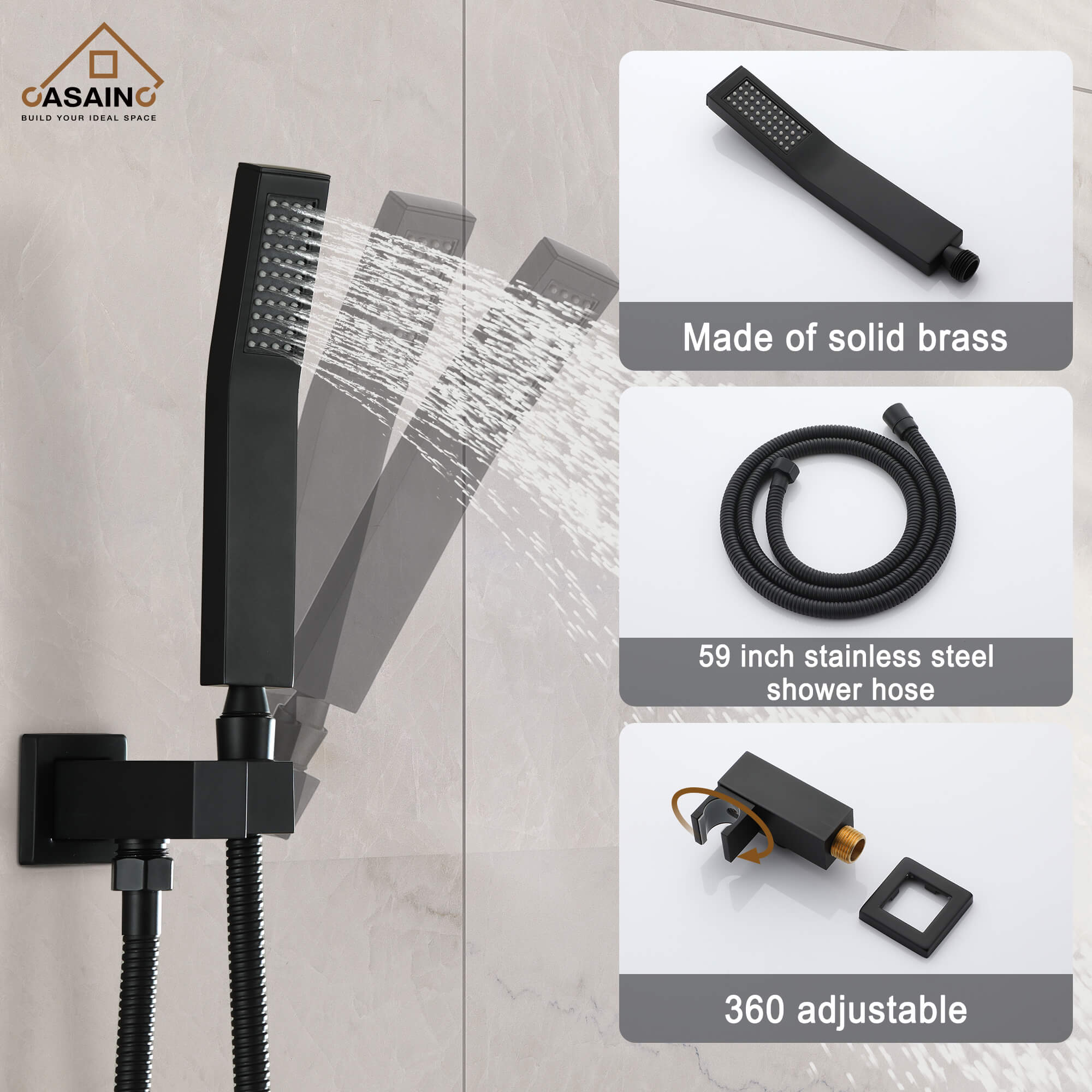 CASAINC Wall-Mounted/Ceiling-Mounted 2-Function Shower System with Handheld Shower in Matte Black