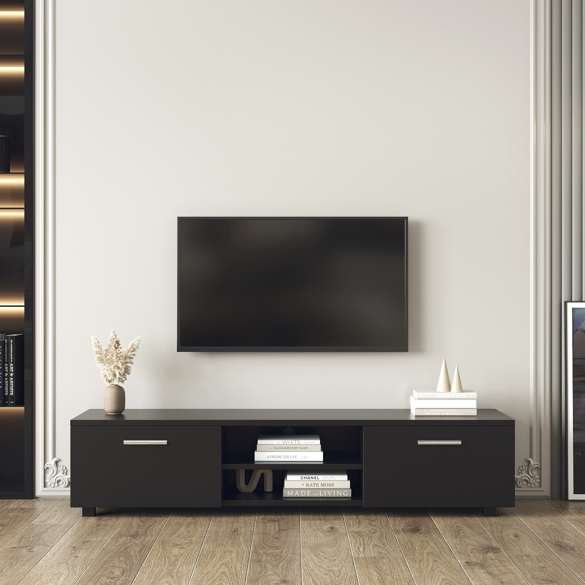Black TV Stand for 70 Inch TV Stands, Media Console Entertainment Center Television Table, 2 Storage Cabinet with Open Shelves for Living Room Bedroom-CASAINC