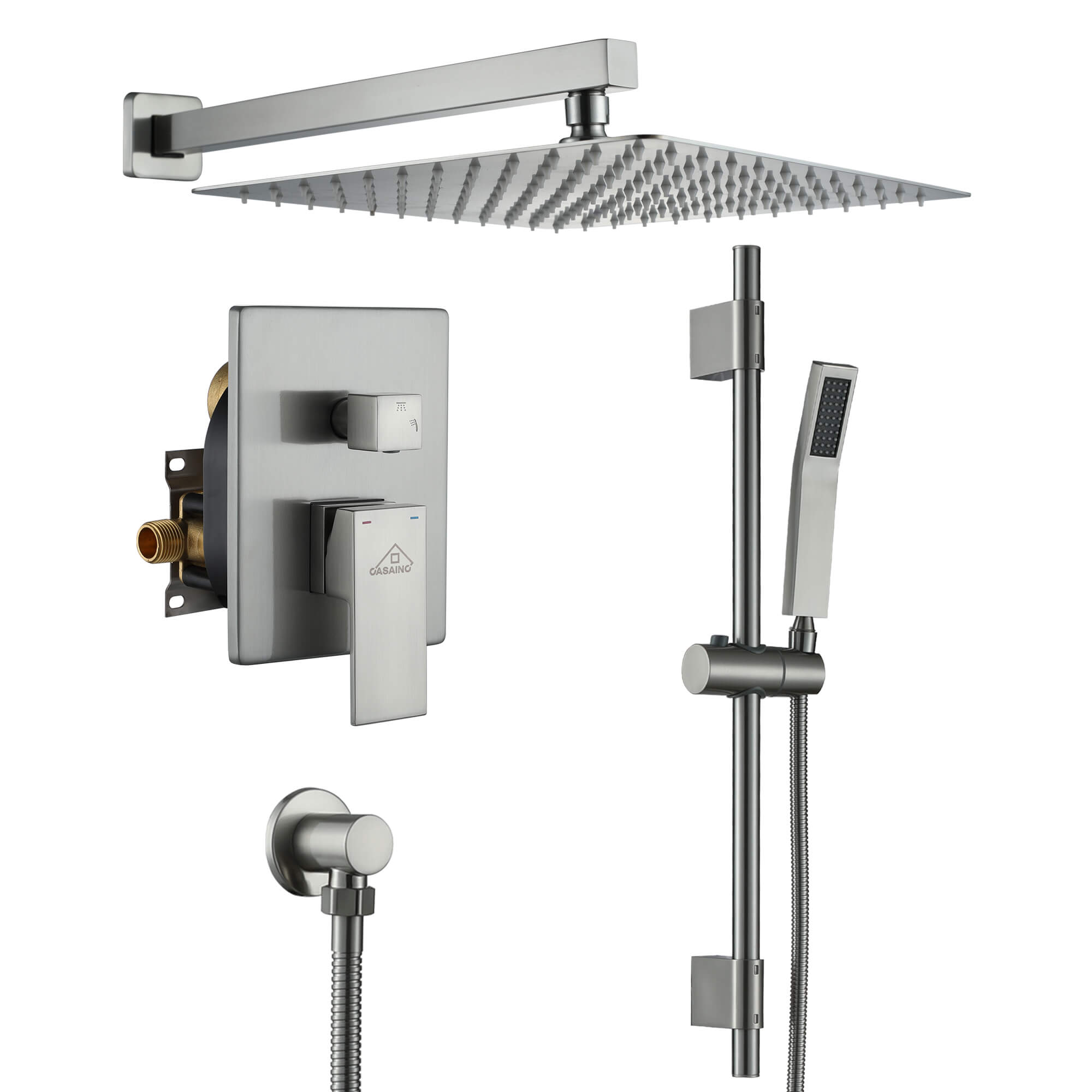CASAINC Brushed Nickel Wall Mount Built-In Shower System with Sliding Bar