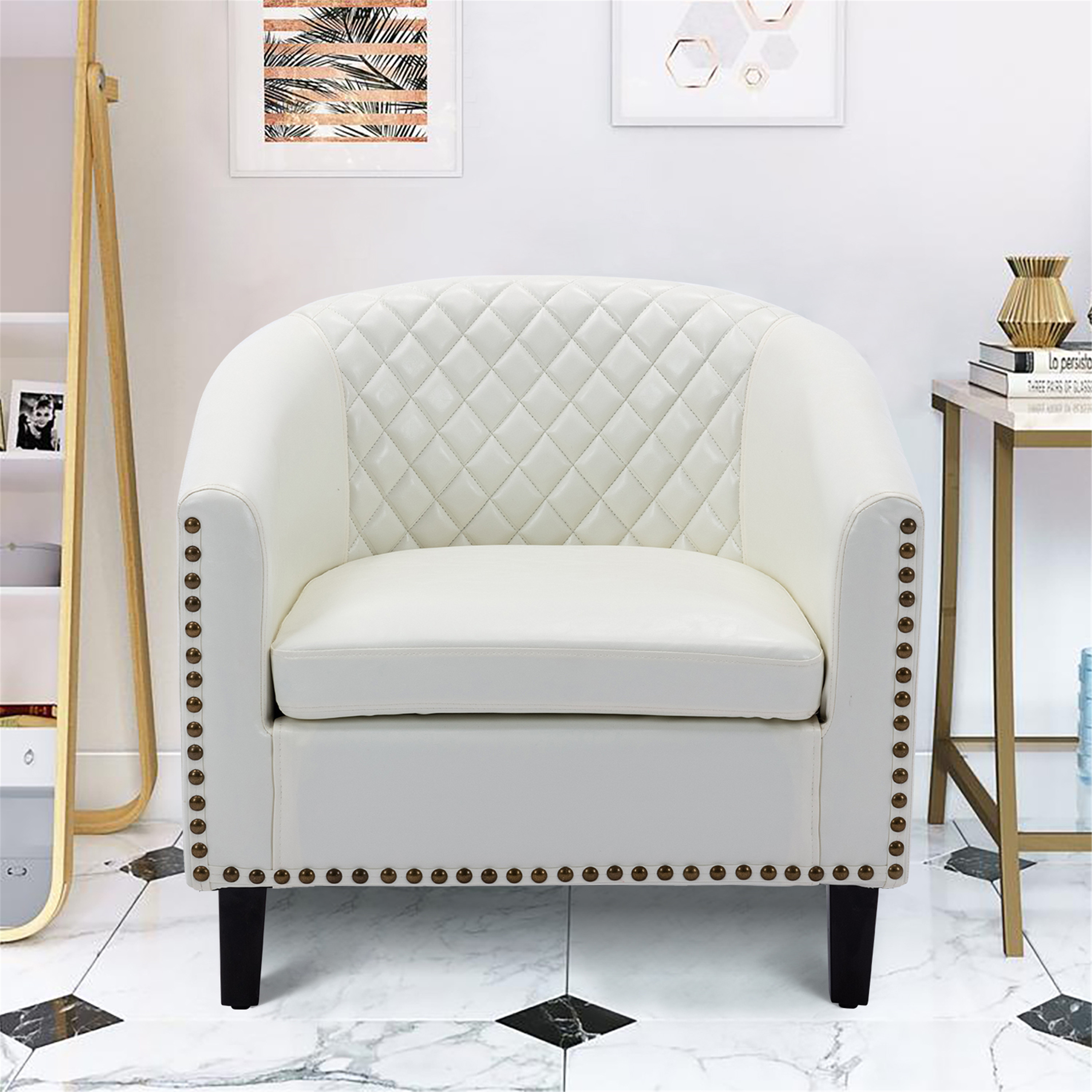 COOLMORE accent Barrel chair living room chair with nailheads and solid wood legs&nbsp; white  pu leather-CASAINC