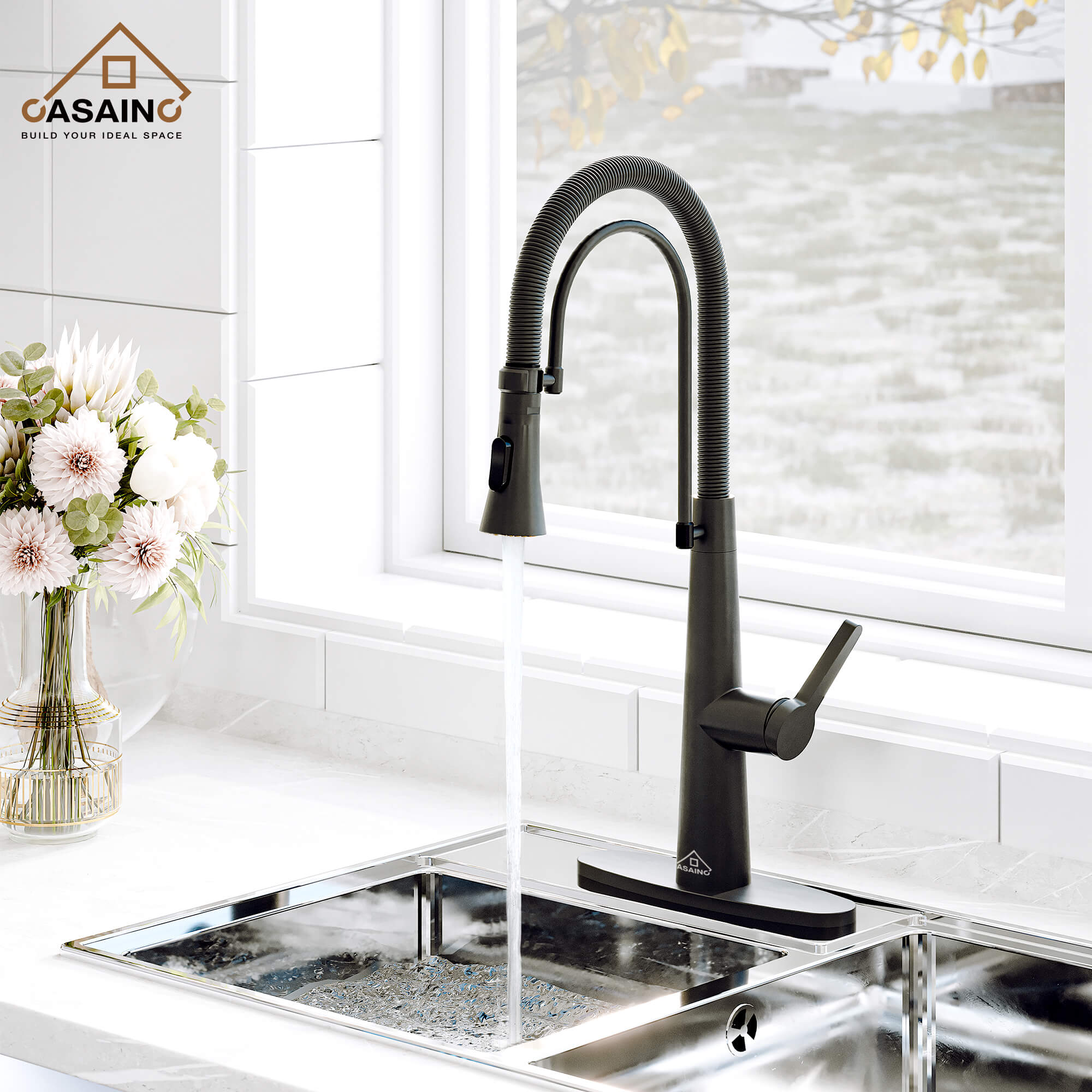 CASAINC 1.8GPM Two-function Spring Kitchen Faucet in Brushed Nickel/Gold and Black-CASAINC