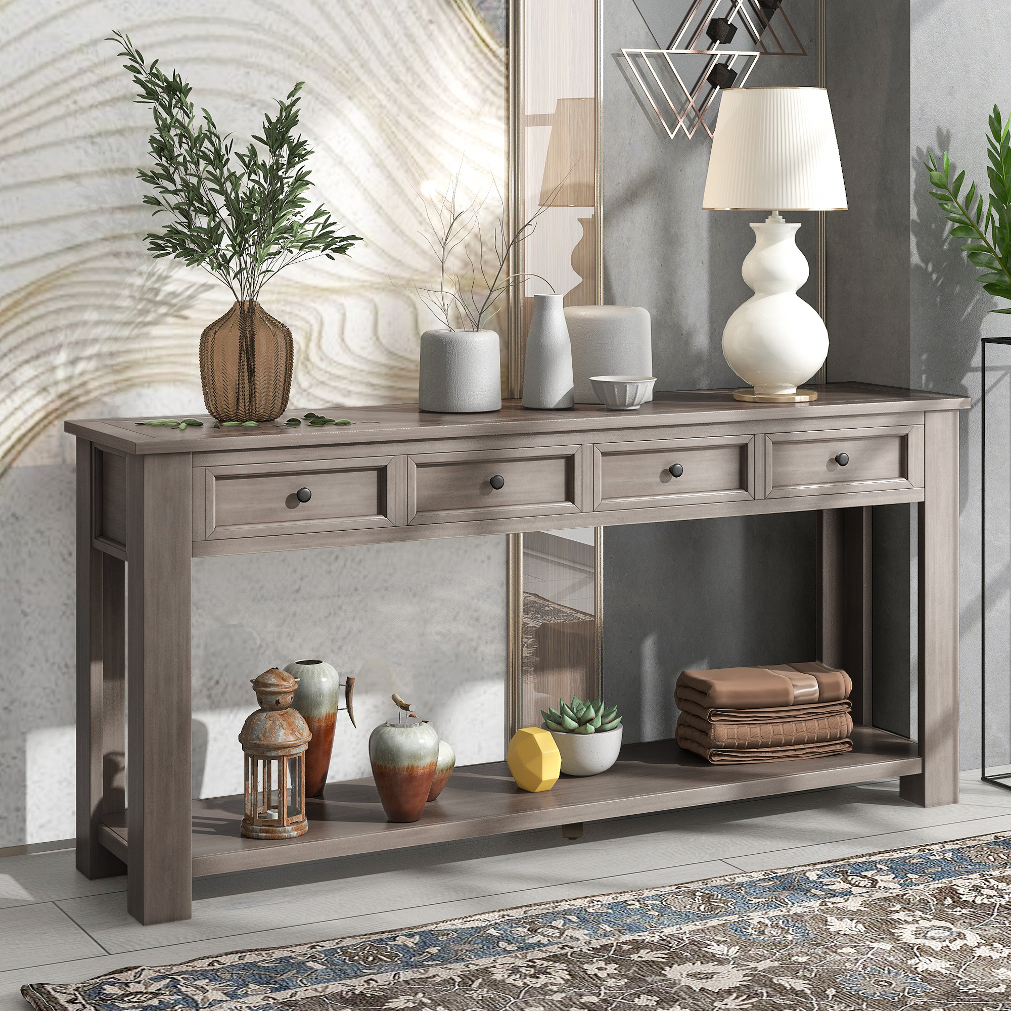 TREXM Console Table for Entryway Hallway Sofa Table with Storage Drawers and Bottom Shelf (Gray Wash)-CASAINC