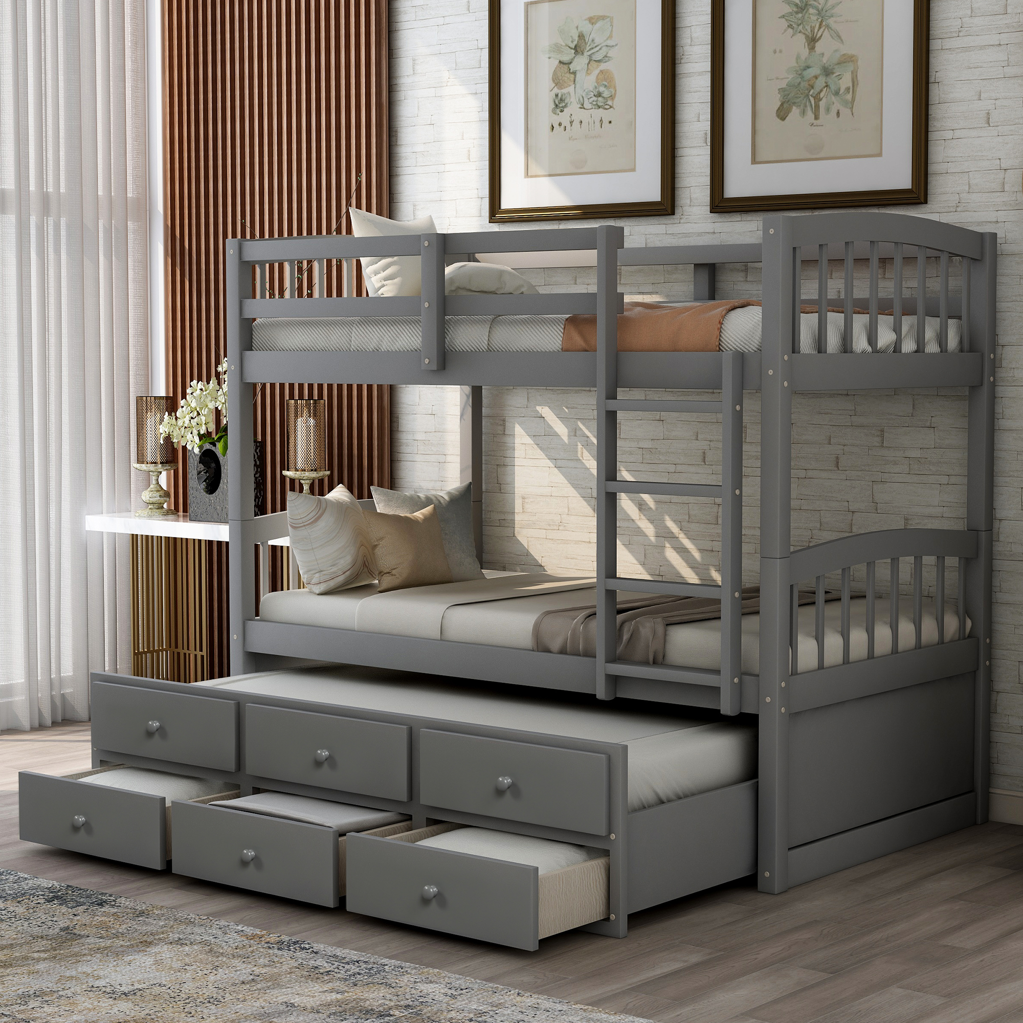 Twin Bunk Bed with Ladder, Safety Rail, Twin Trundle Bed with 3 Drawers for Bedroom, Guest Room Furniture(Gray)(OLD SKU :LP000071AAE)-CASAINC