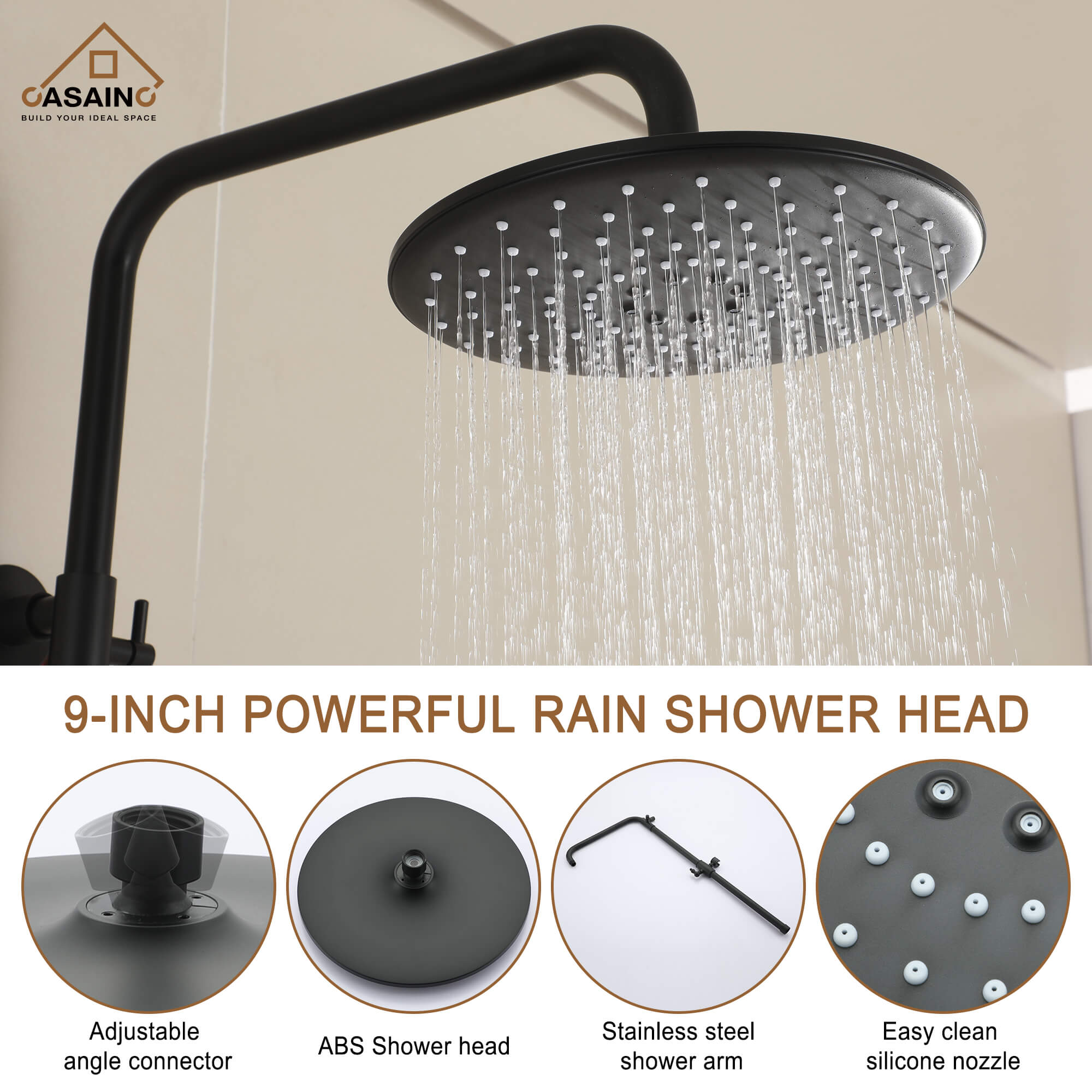 CASAINC Matte Black 10-in Rainfall Built-In Shower System