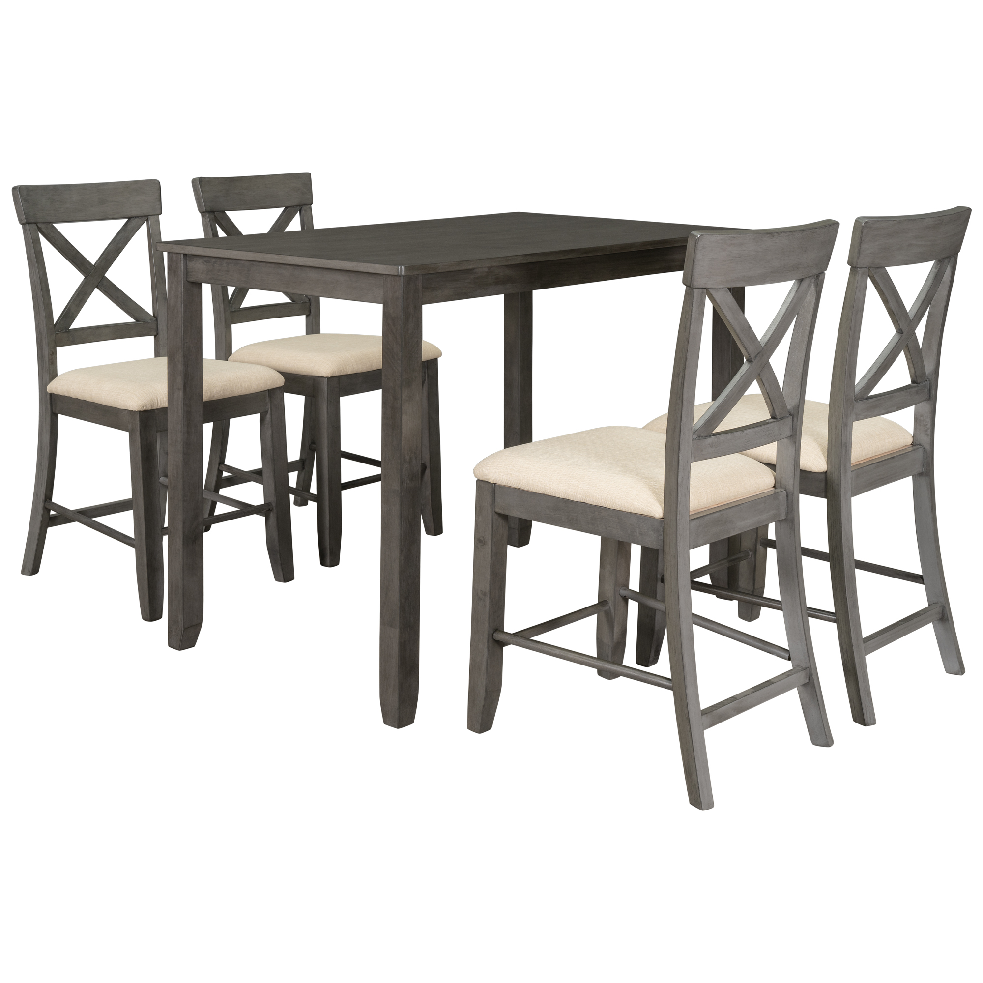 Wood 5-Piece Counter Height Dining Table Set with 4 Upholstered Chairs, Gray-CASAINC