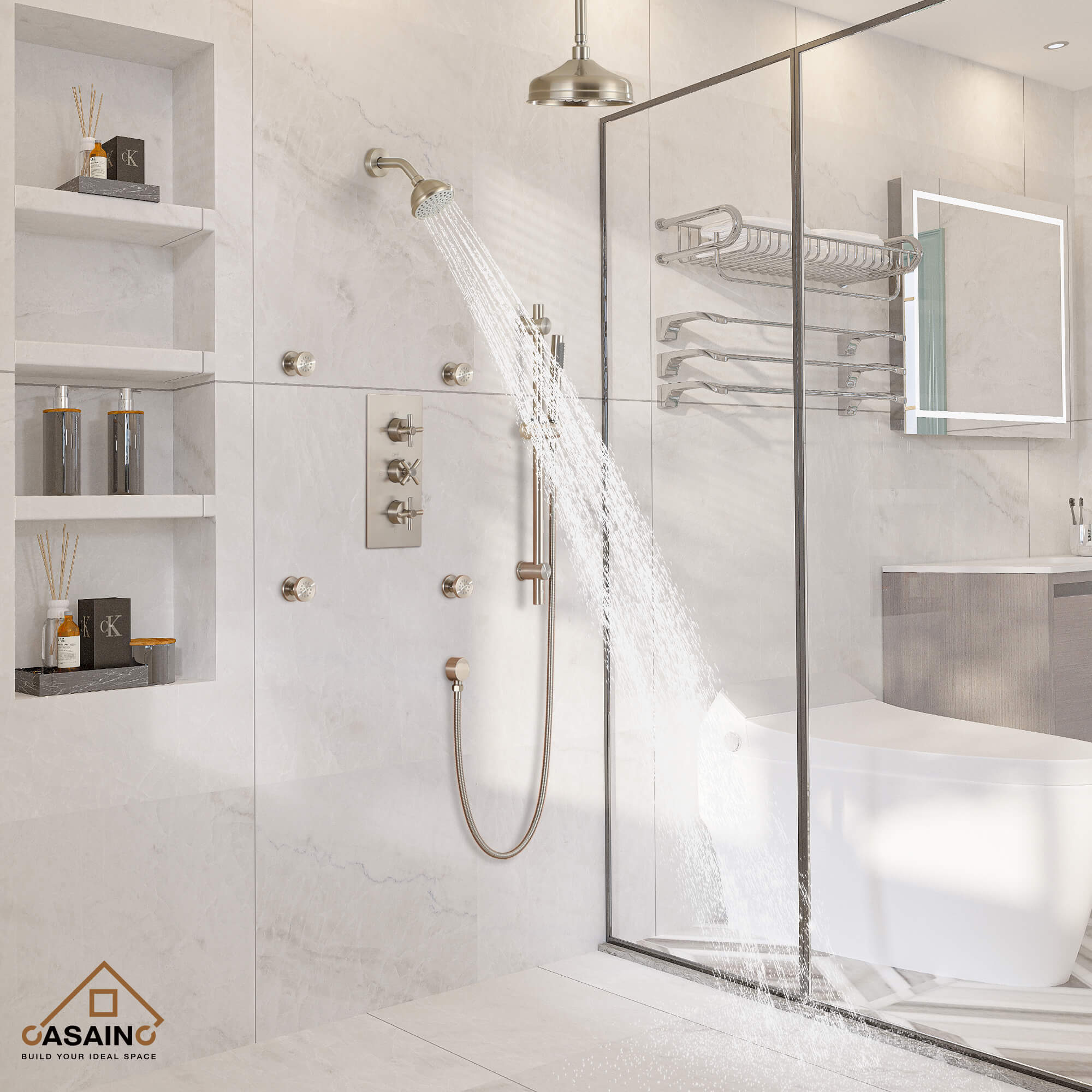 CASAINC 8" Multifunctional Shower System with Sliding Bar & Handheld Shower & 4 Body Sprays 