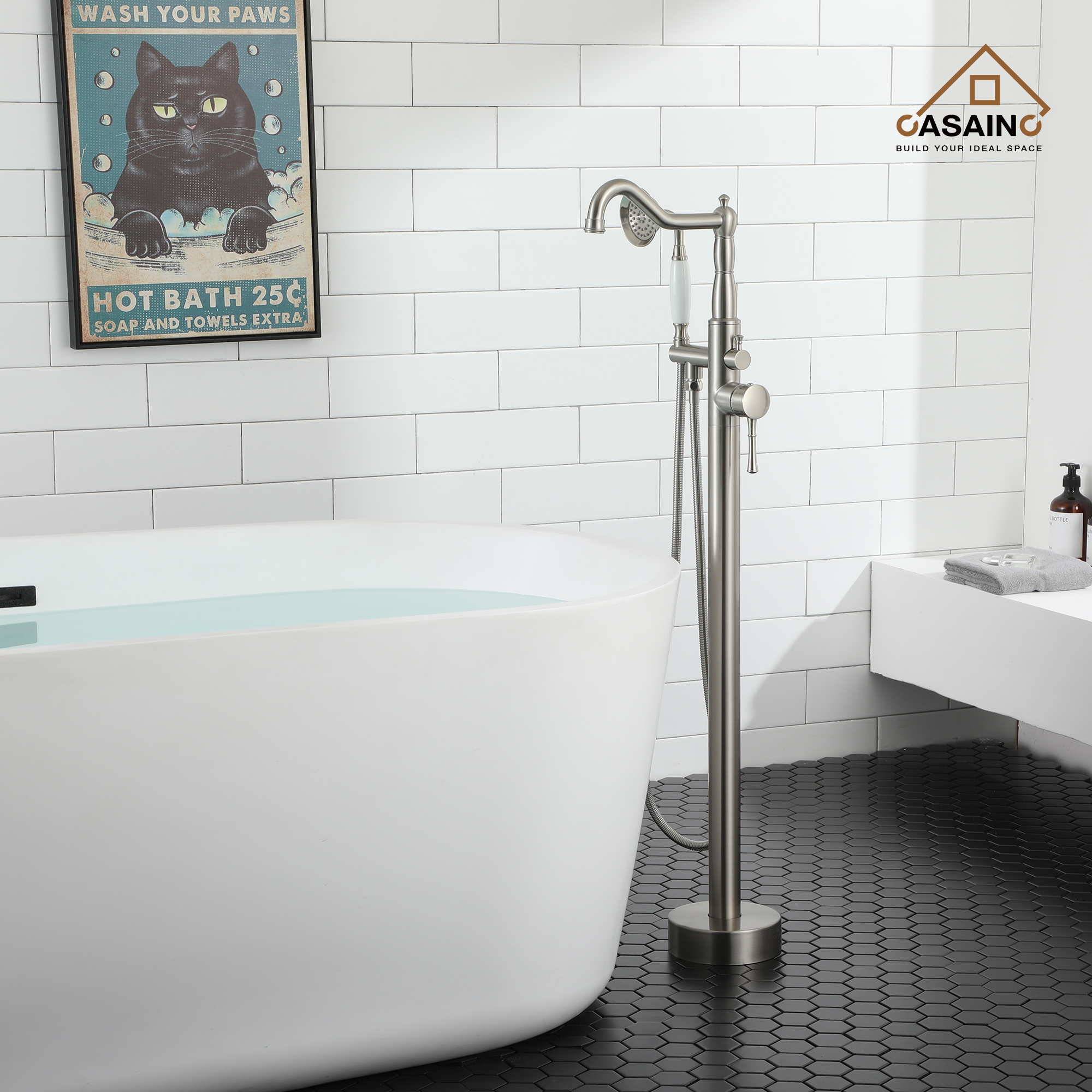 CASAINC Single Handle Classical Freestanding Bathtub Faucet with Hand Shower Hand