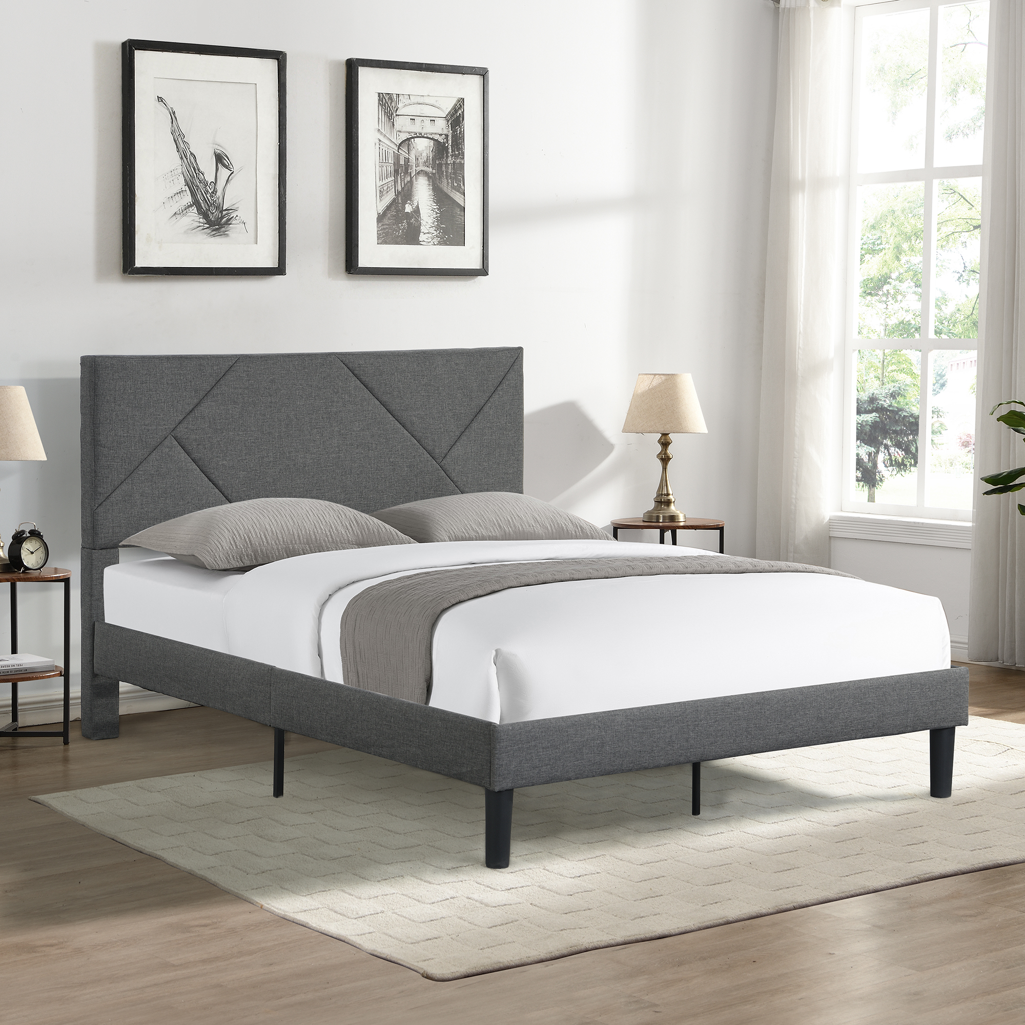 Full Size Upholstered  Platform Bed Frame with  Headboard, Strong Wood Slat Support, Mattress Foundation, No Box Spring Needed, Easy Assembly, Gray-CASAINC
