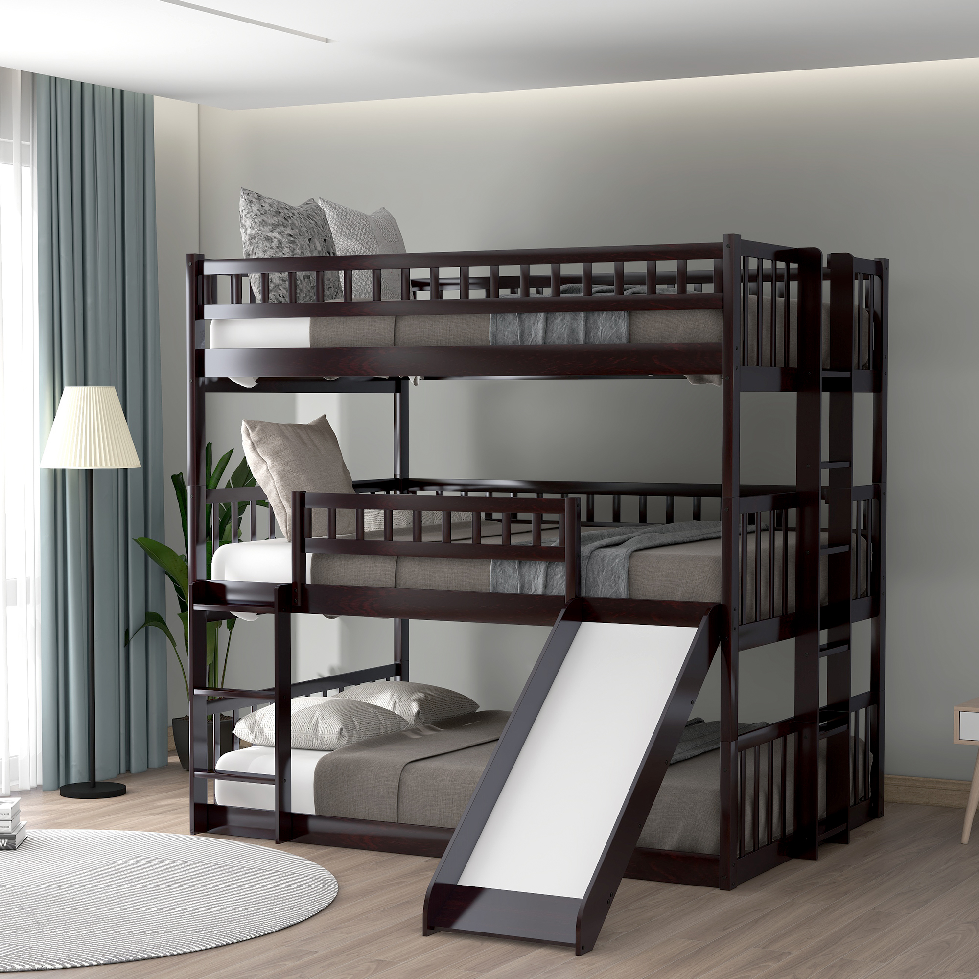 Full-Over-Full-Over-Full Triple Bed with Built-in Ladder and Slide , Triple Bunk Bed with Guardrails, Espresso(OLD SKU :LP000052AAP)-CASAINC