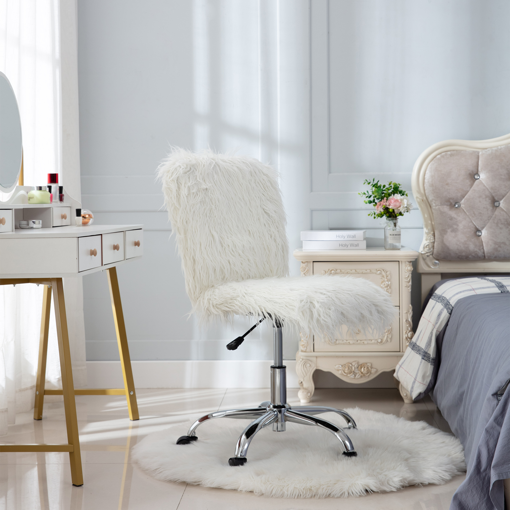 HengMing Faux Fur Armless office Chair, make up vanity fluffy chair, White-CASAINC