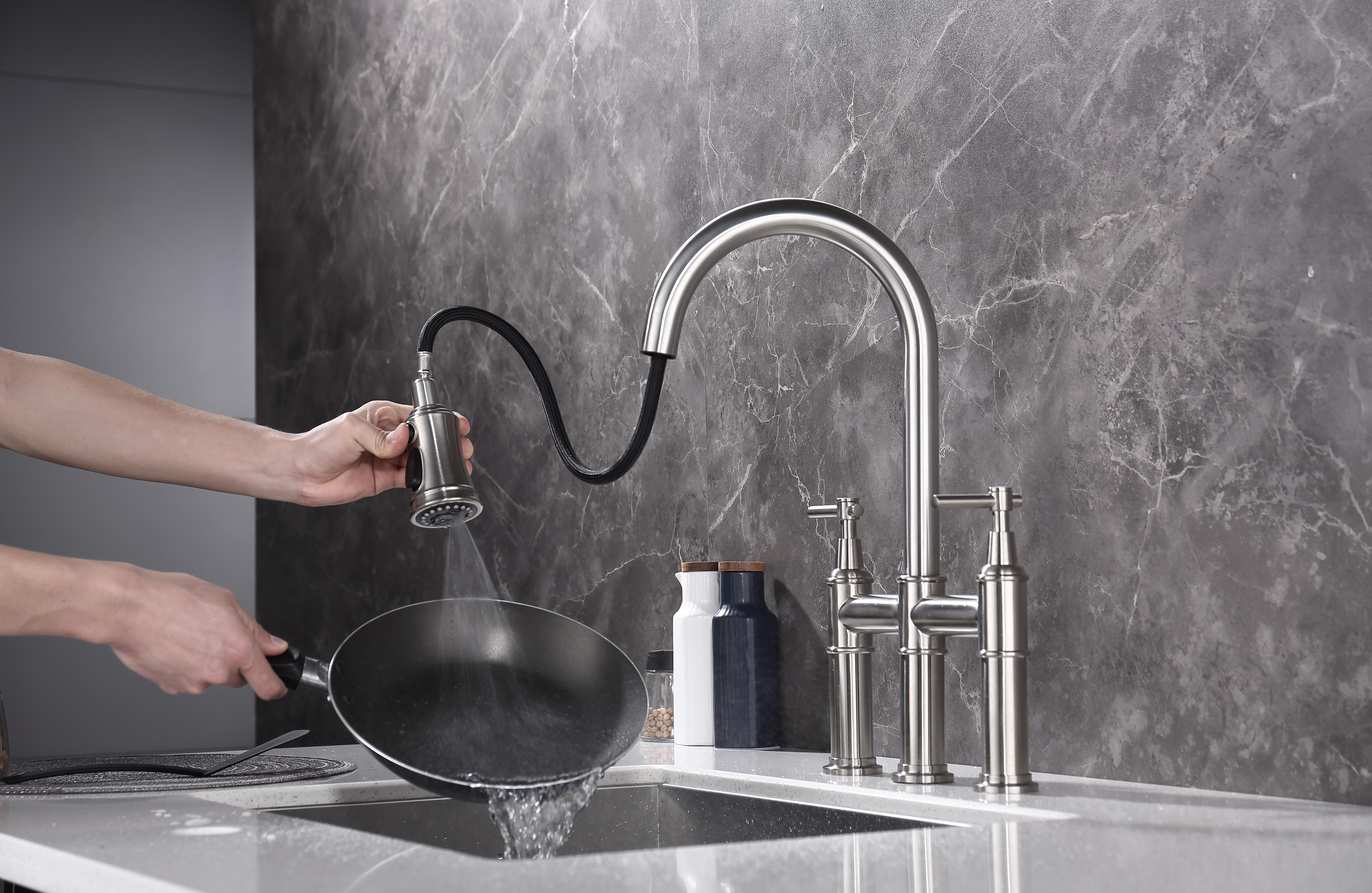 Bridge Kitchen Faucet with Pull-Down Sprayhead in Spot