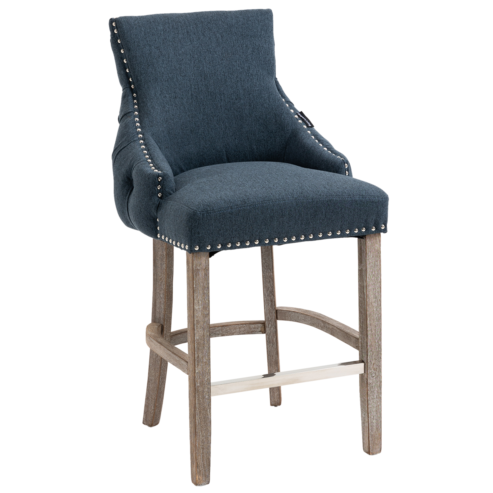 40 in. Linen Fabric Nail-head Tufted Bar Stool with 4 Solid Wood Legs, Set of 2-CASAINC
