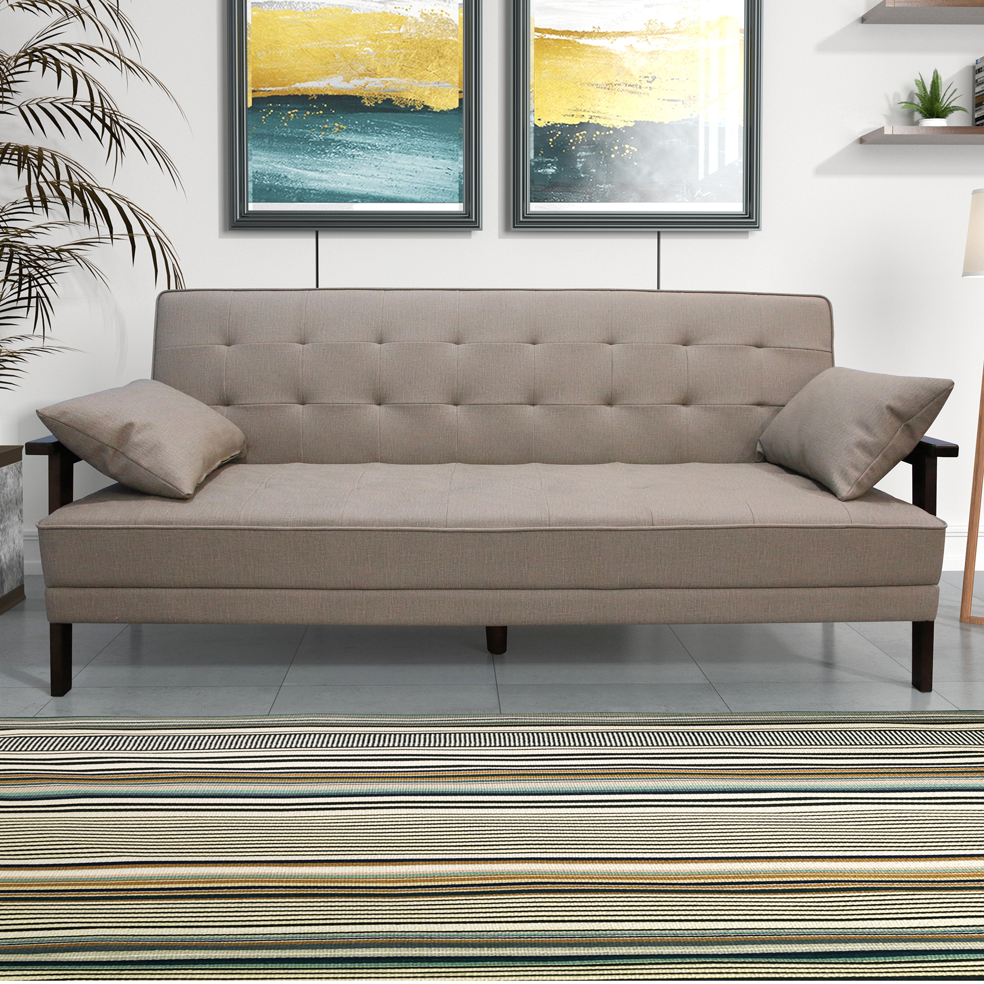 Natural fiber casting leather futon sofa bed with wood armrest-CASAINC