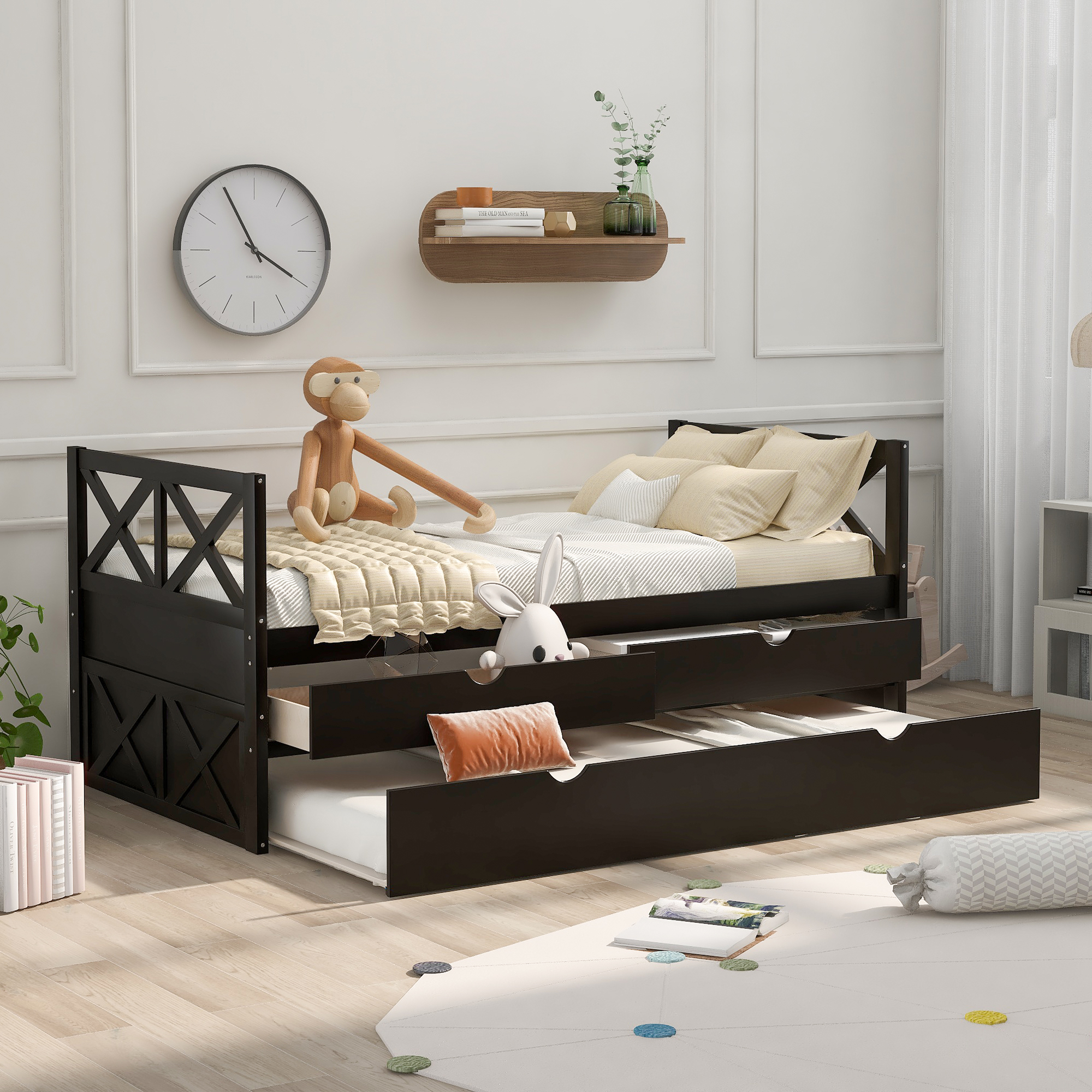 Multi-Functional Daybed with Drawers and Trundle, Espresso-CASAINC