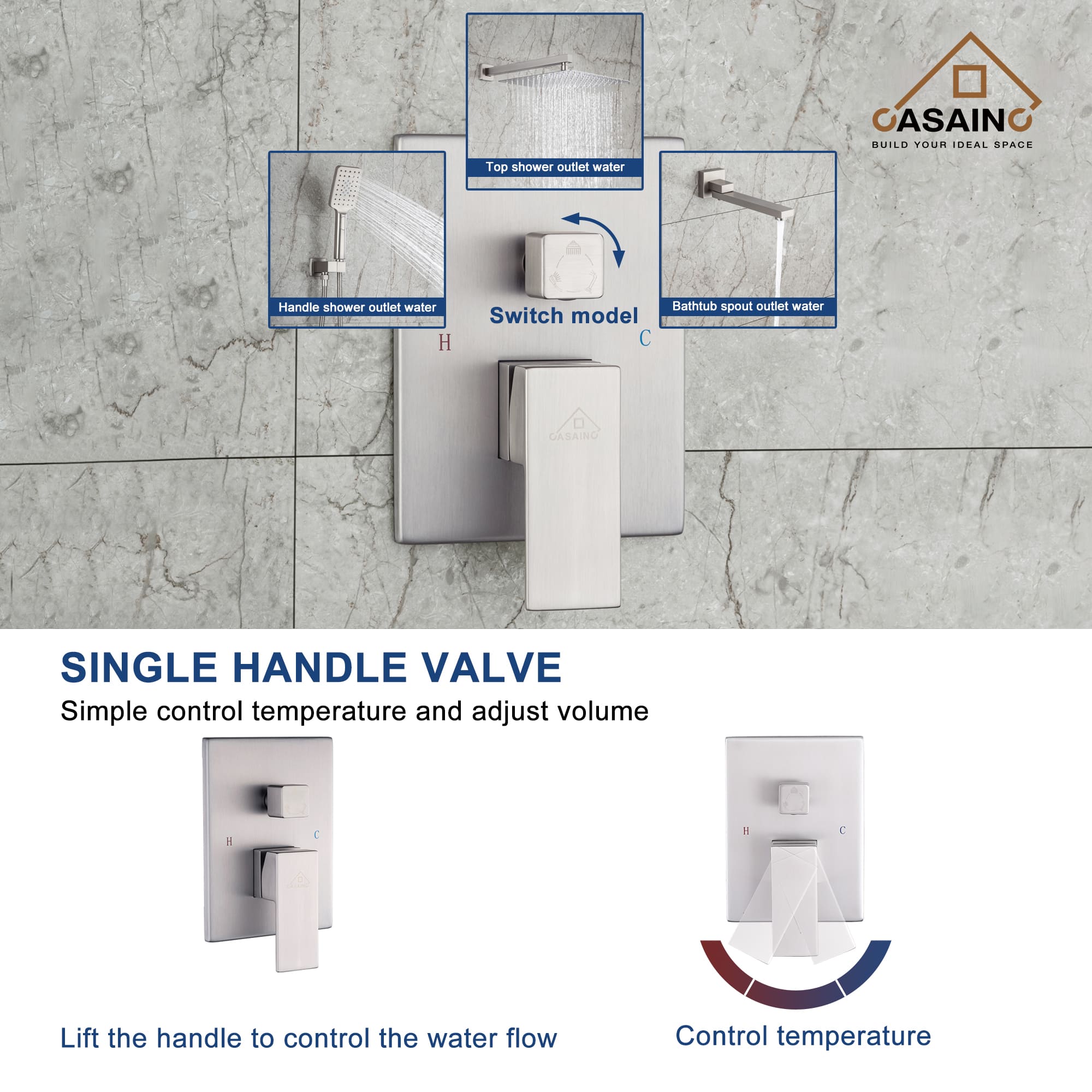 CASAINC Shower System with Rain Shower and Handheld and Tub Faucet Shower Set 