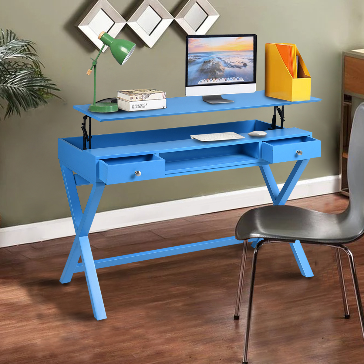 Lift Desk with 2 Drawer Storage, Computer Desk with Lift Table Top, Adjustable Height Table for Home Office, Living Room,BLUE