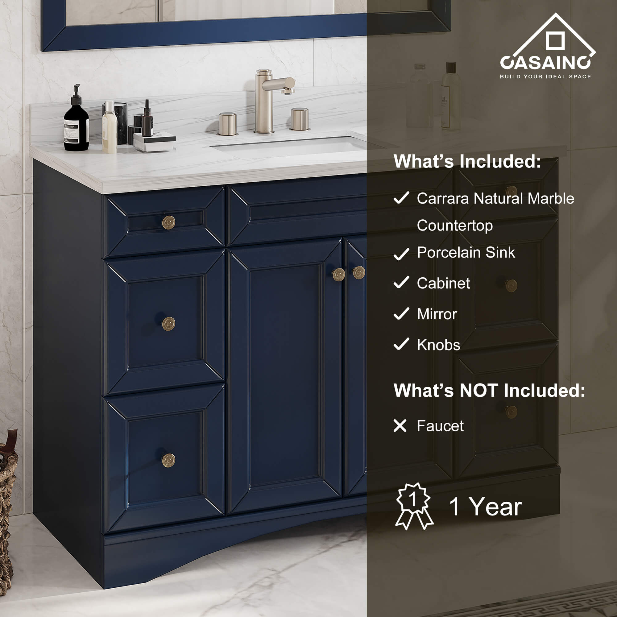 CASAINC 48 x 22 x 35.4 in. Solid Wood Navy Blue Bath Vanity with Carrara White Marble Countertop (No/With Mirror)