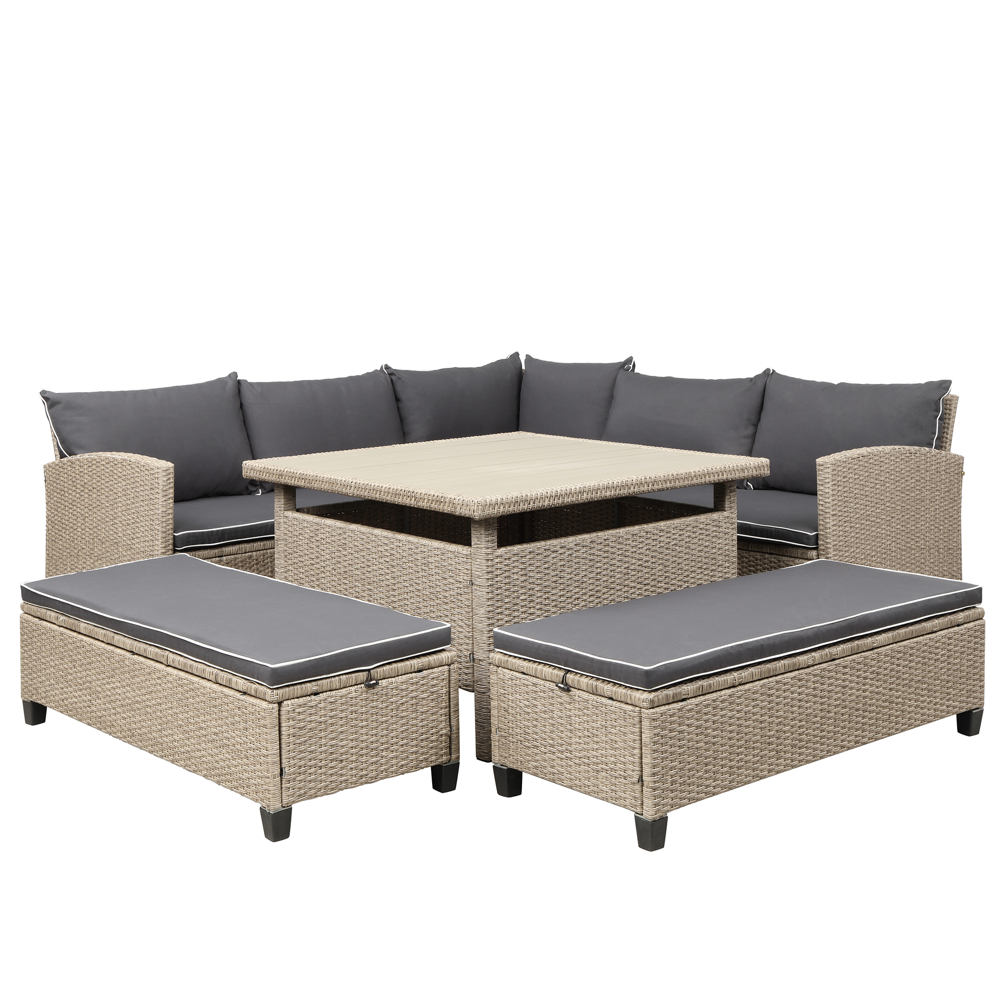 6-Piece Patio Furniture Set Outdoor Wicker Rattan Sectional Sofa with Table and Benches for Backyard, Garden, Poolside-CASAINC