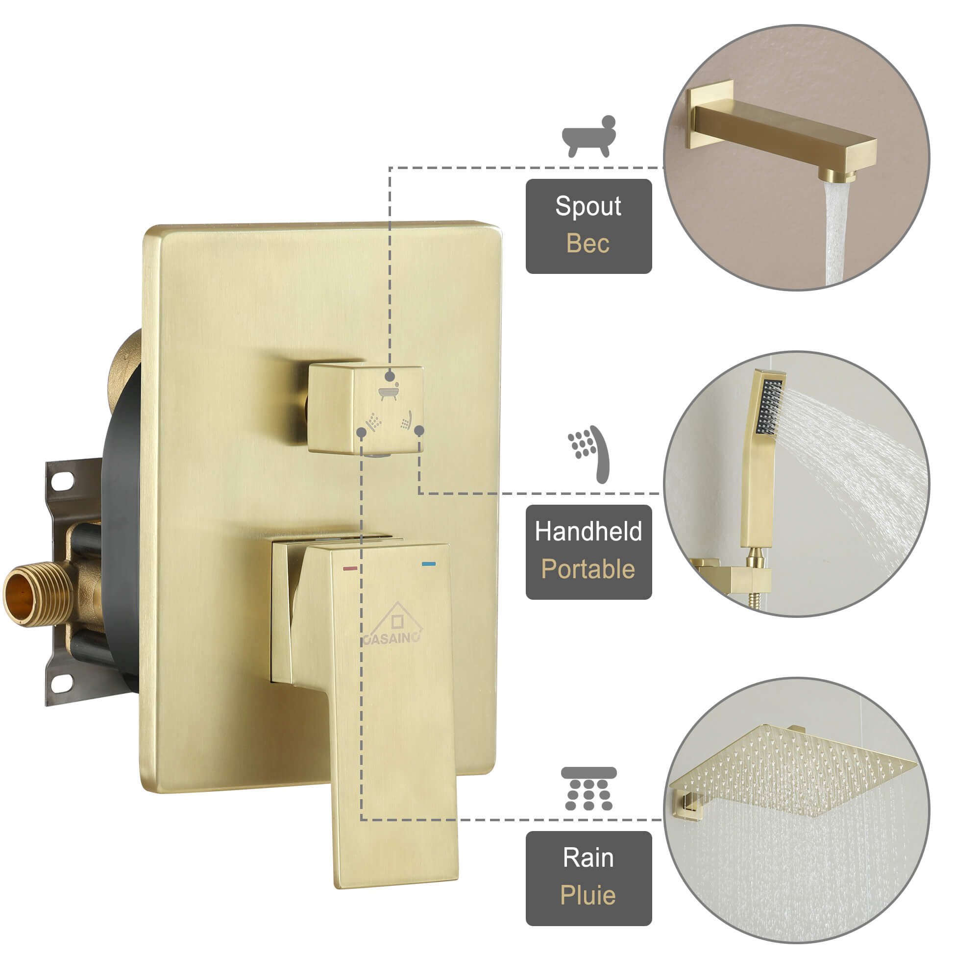 CASAINC 12 inch Wall Mounted Shower System with Bathtub Faucet and Hand Shower